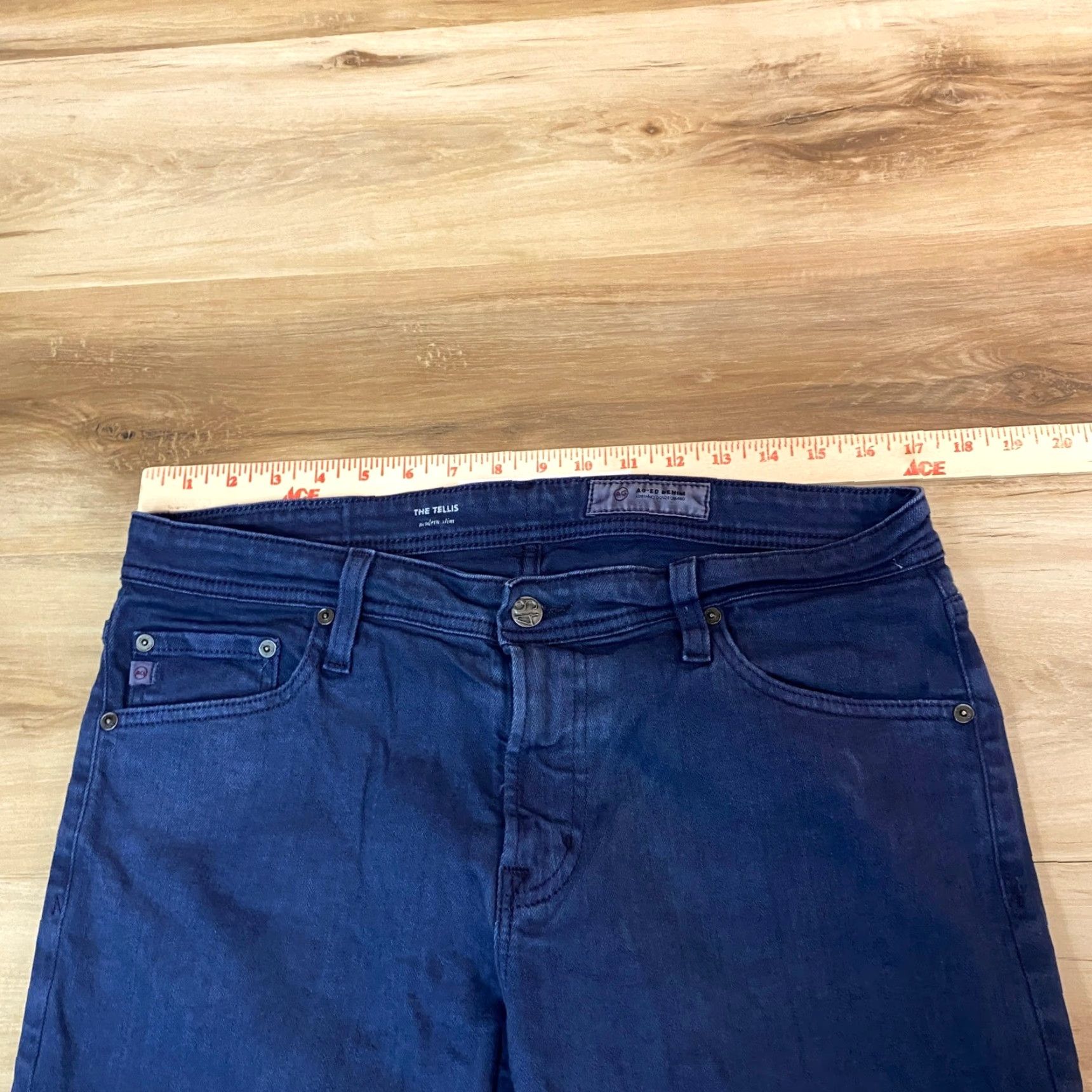 Vintage AG Adriano Goldschmied Jeans Mens 33x34 Tellis Modern Slim Blue Garment Dyed Dark Indigo Five-Pocket Logo Back Patch Stretch Jeans Mens Reg Size US 33 - 4 Thumbnail