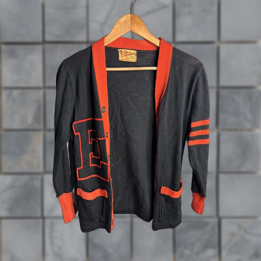 Vintage VINTAGE Stadium Mens Cardigan Sweater 3XS Black Wool Letterman Varsity E Striped Knit V-Neck Pockets Size US XXS / EU 40 - 1 Thumbnail