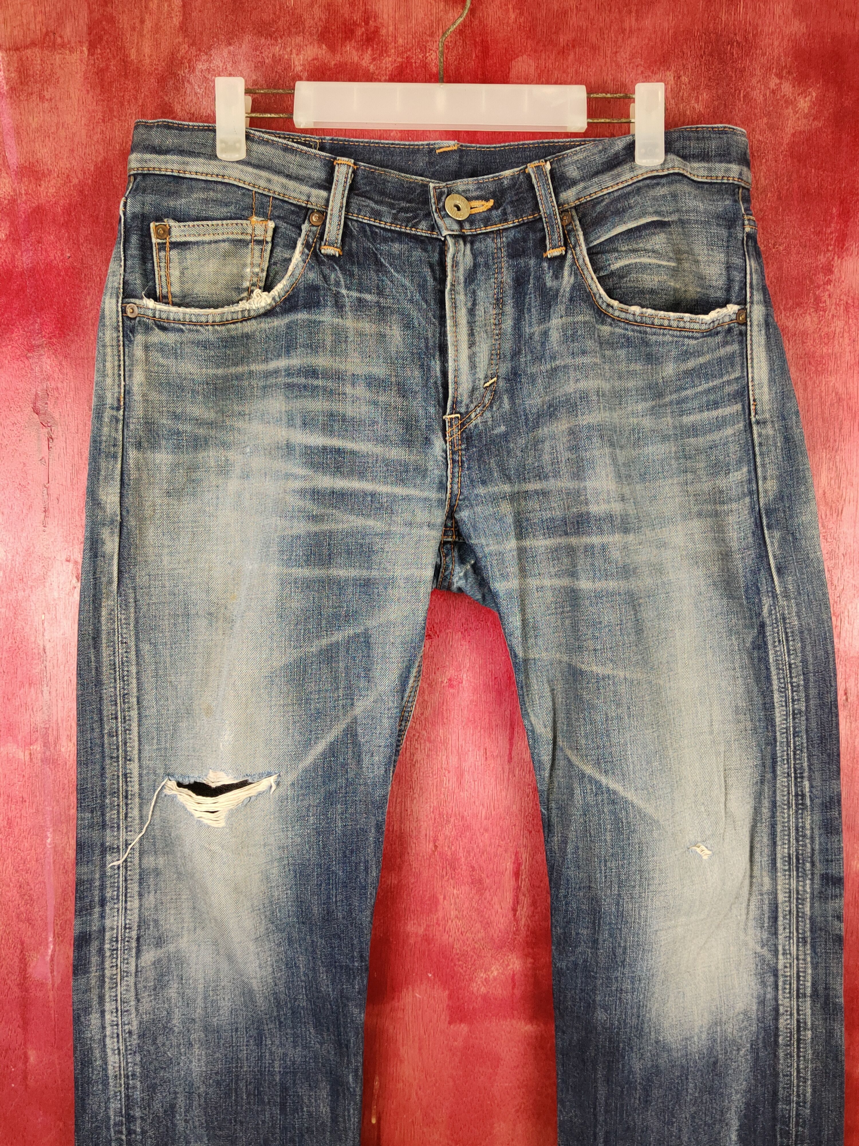 Edwin Edwin Dark Blue Faded Distressed Ripped Jeans #S1691 Size US 32 / EU 48 - 2 Thumbnail
