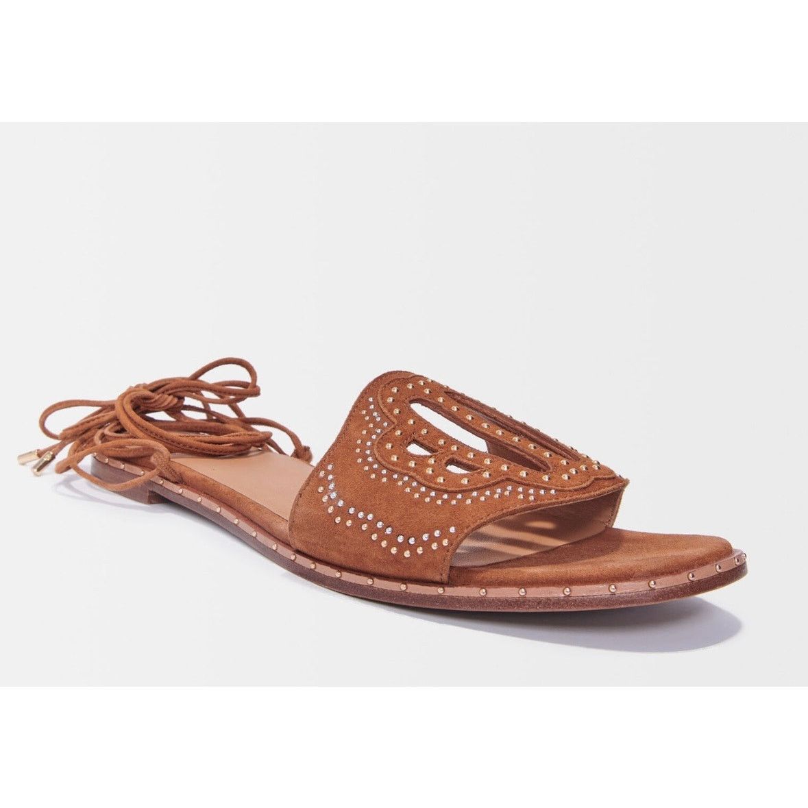 Maje NEW MAJE Flat Studded Lace Up Sandals Camel size 40 / 9.5 Size US 9.5 / IT 39.5 - 2 Thumbnail
