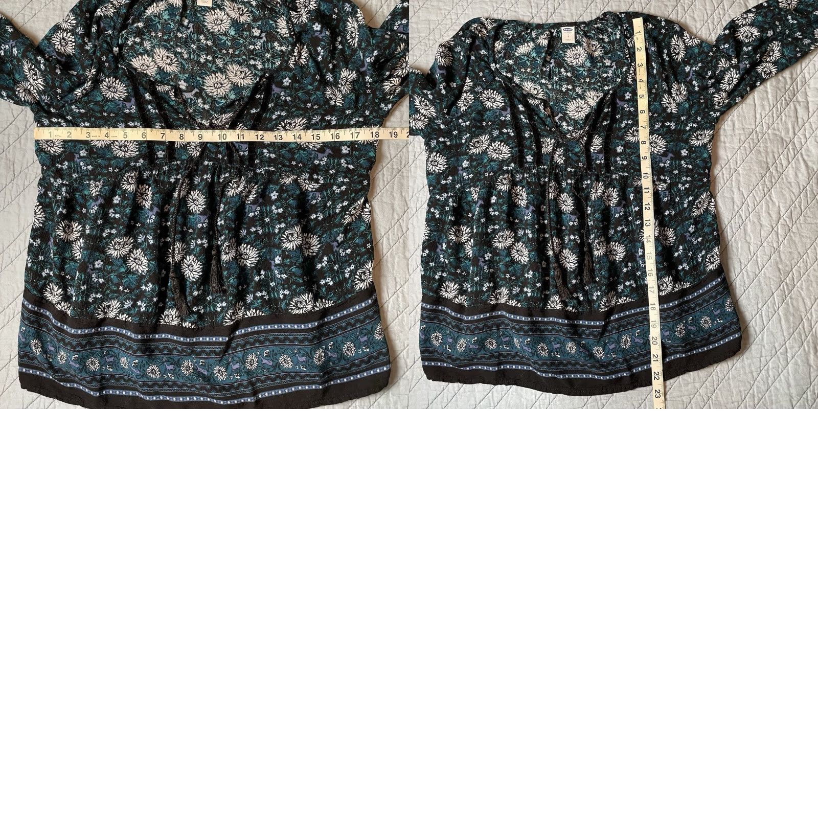 Old Navy Old Navy Blouse Shirt Womens S Dark Teal Floral Peasant Boho Puff Sleeve V-Neck Size S / US 4 / IT 40 - 8 Thumbnail