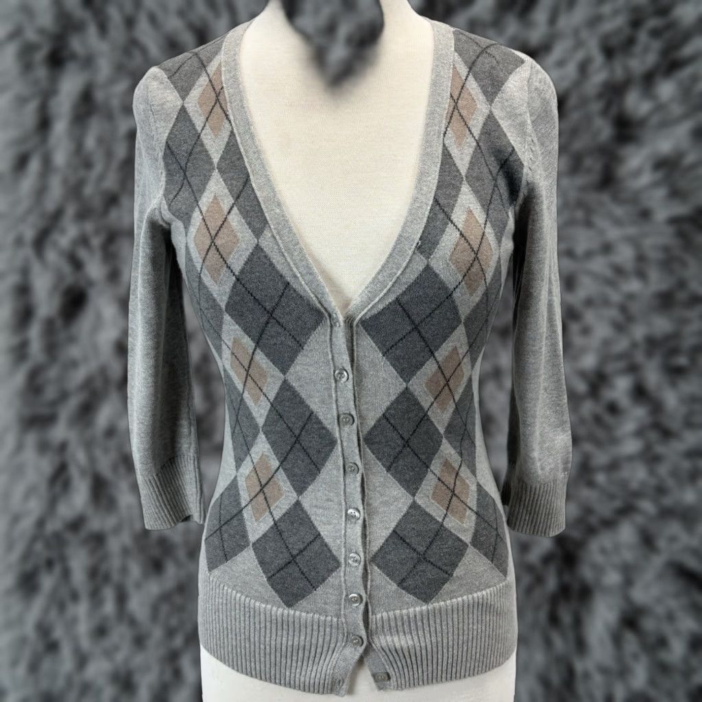 Vintage The Limited Grey Argyle Cardigan Sweater Women's Small Stretch Y2K 3/4 Sleeve Size S / US 4 / IT 40 - 1 Thumbnail