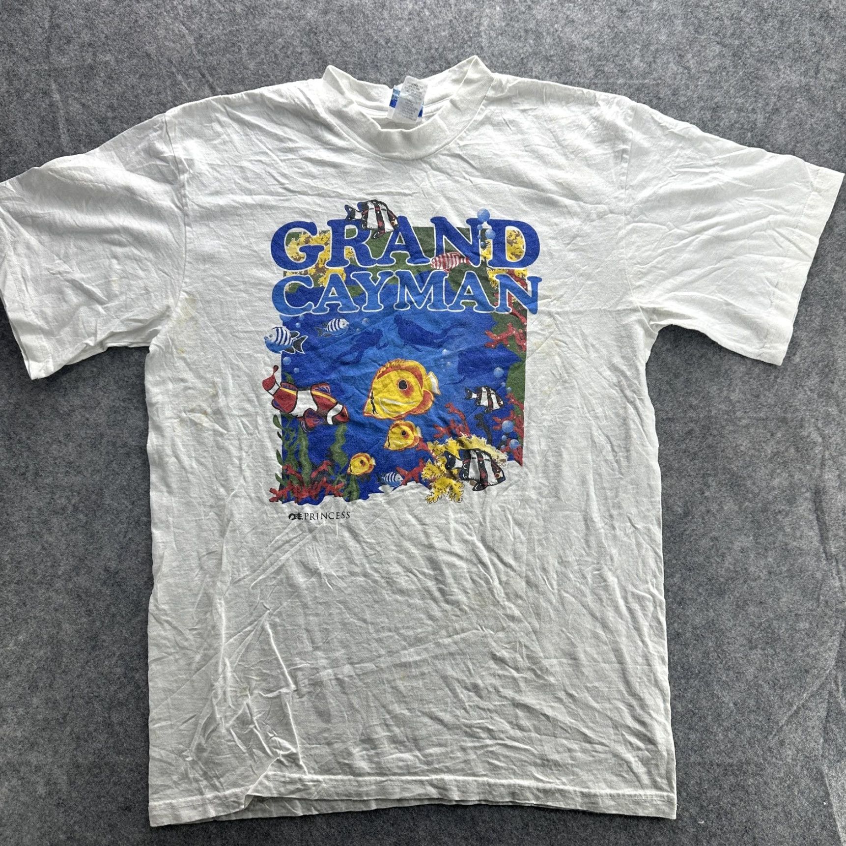 Prince VINTAGE Princess Grand Cayman Shirt Mens Large White Crew Neck Short Sleeve Graphic Print Ocean Fish Beach Travel Marine 90s Mens Size US L / EU 52-54 / 3 - 2 Thumbnail