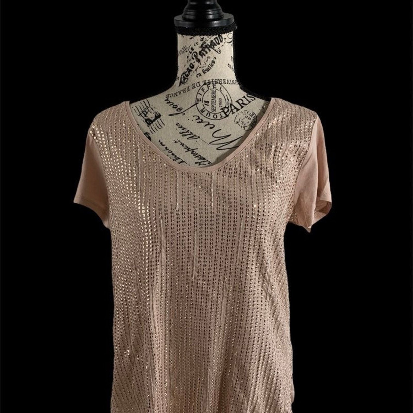 Loft Ann Taylor Loft Beige Sequin Bling Embellished Top Women's Size L / US 10 / IT 46 - 8 Thumbnail