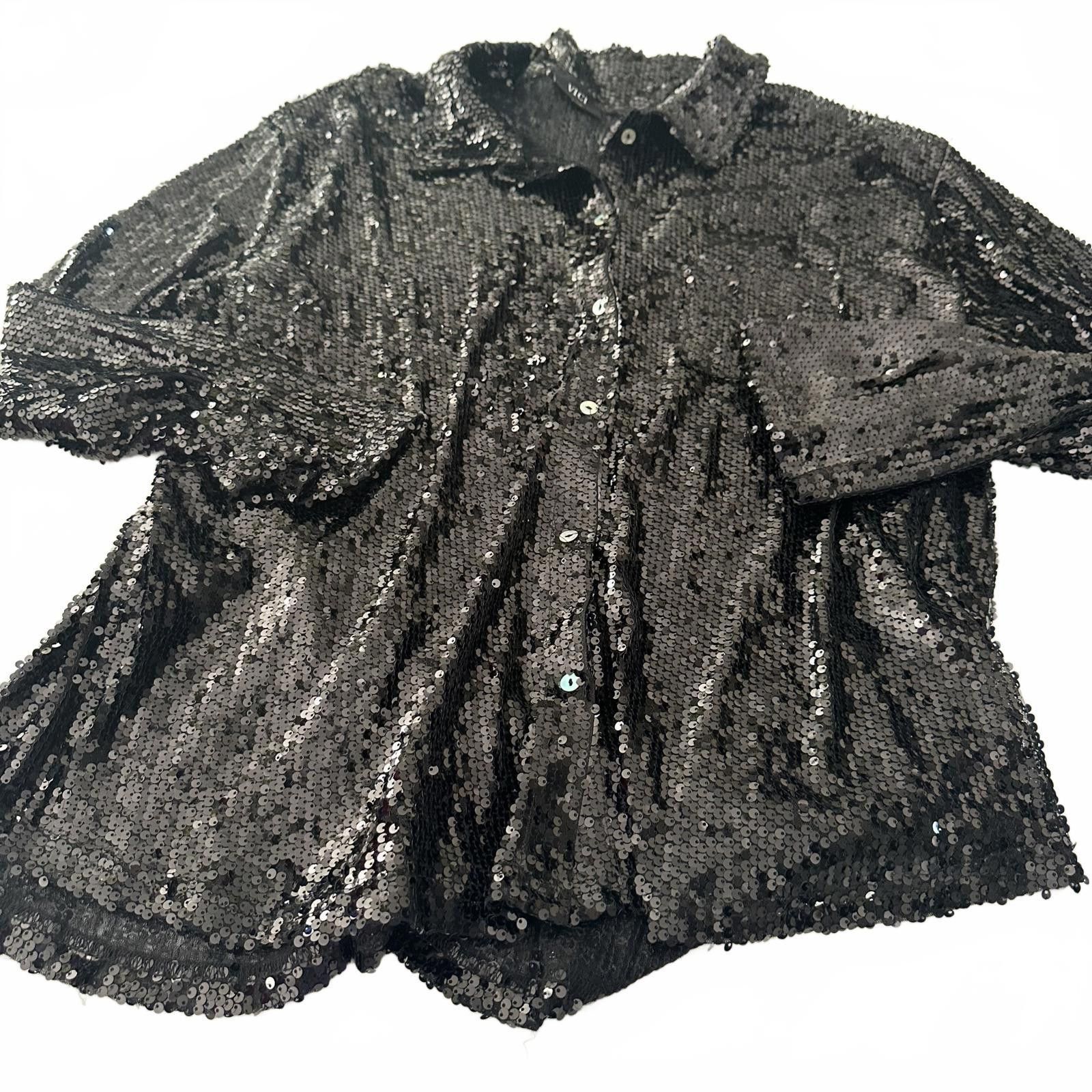 Designer VICI Black Sequin Button-Up Shirt Size ONE SIZE - 1 Thumbnail