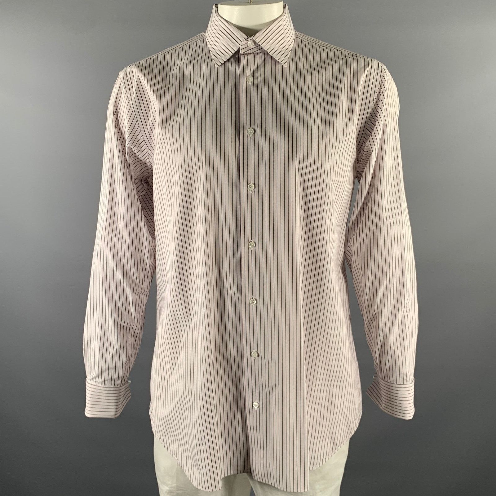 Brioni BRIONI XL White Brown Pink Stripe Cotton French Cuff Shirt Size US XL / EU 56 / 4 - 1 Thumbnail