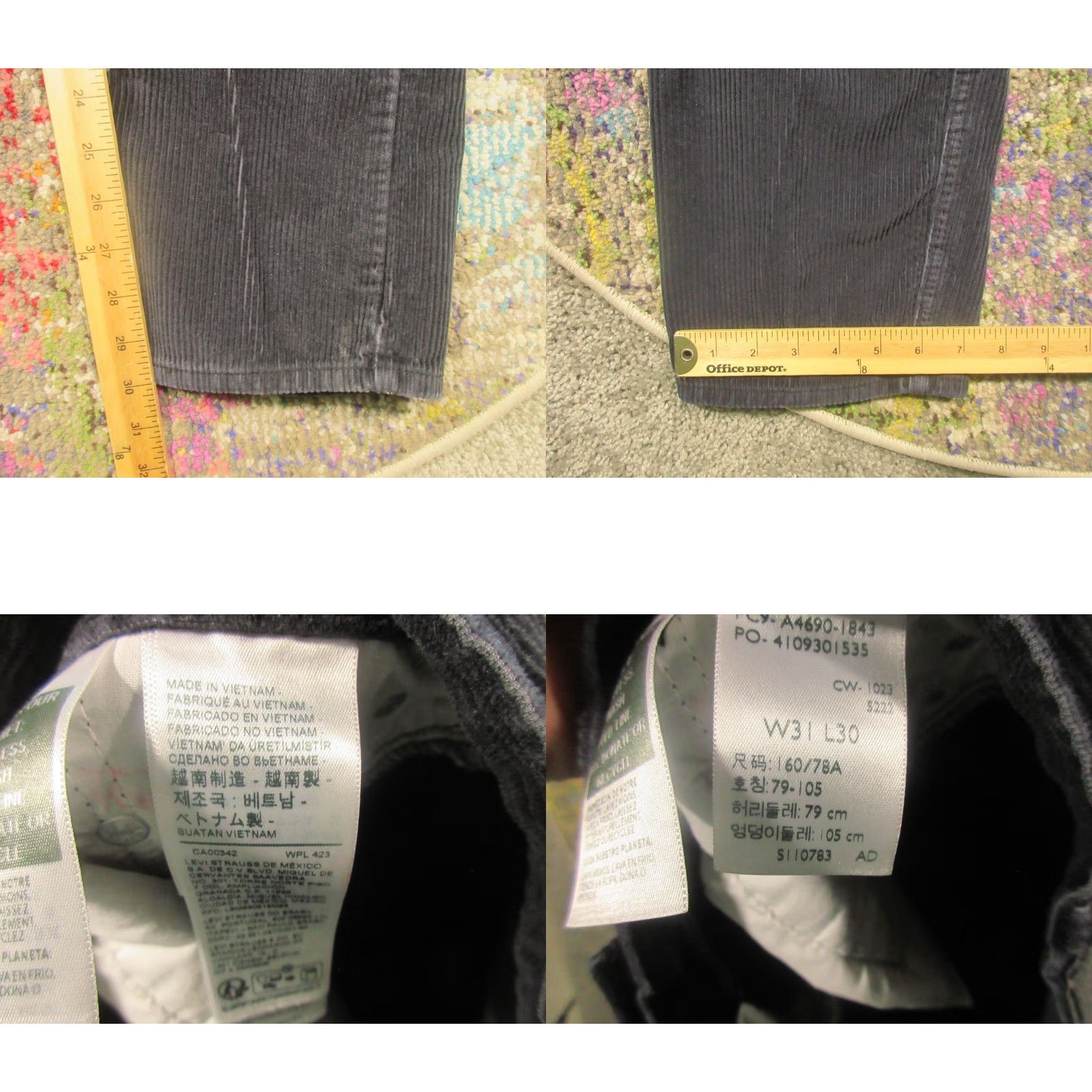 Levi's Levi's Corduroy Pants Mens 31x30 Black Cotton Straight Leg Mid Bleach Stain Size US 31 - 8 Thumbnail