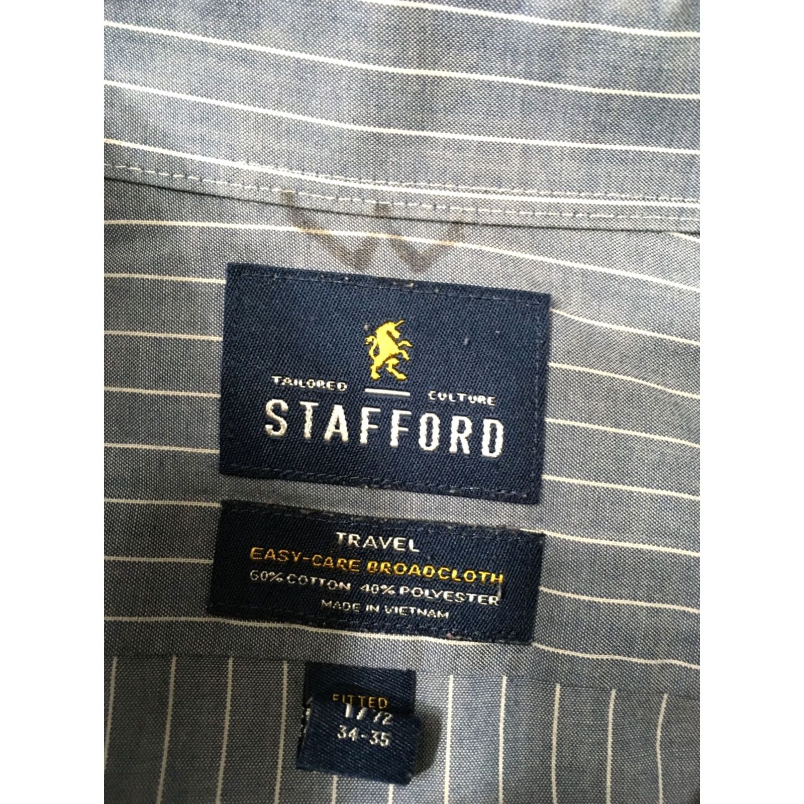 Stafford Stafford Dress Shirt Men Blue Striped Long Sleeve Button 17.5 34-35 Travel Size 46R - 3 Thumbnail