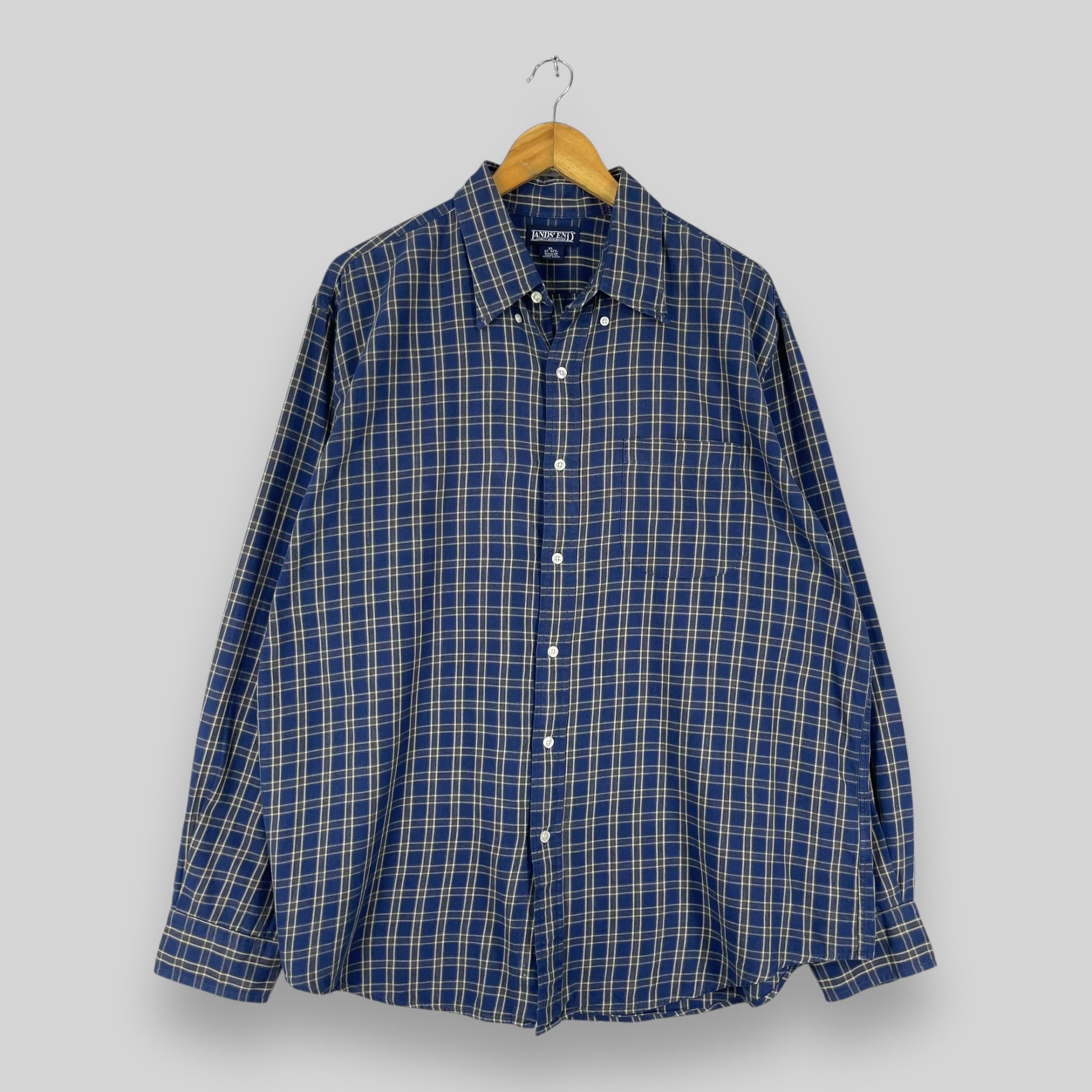 Flannel Vintage LANDS'END Plaid Checkered Blue Flannel Button Up Size US XL / EU 56 / 4 - 1 Thumbnail