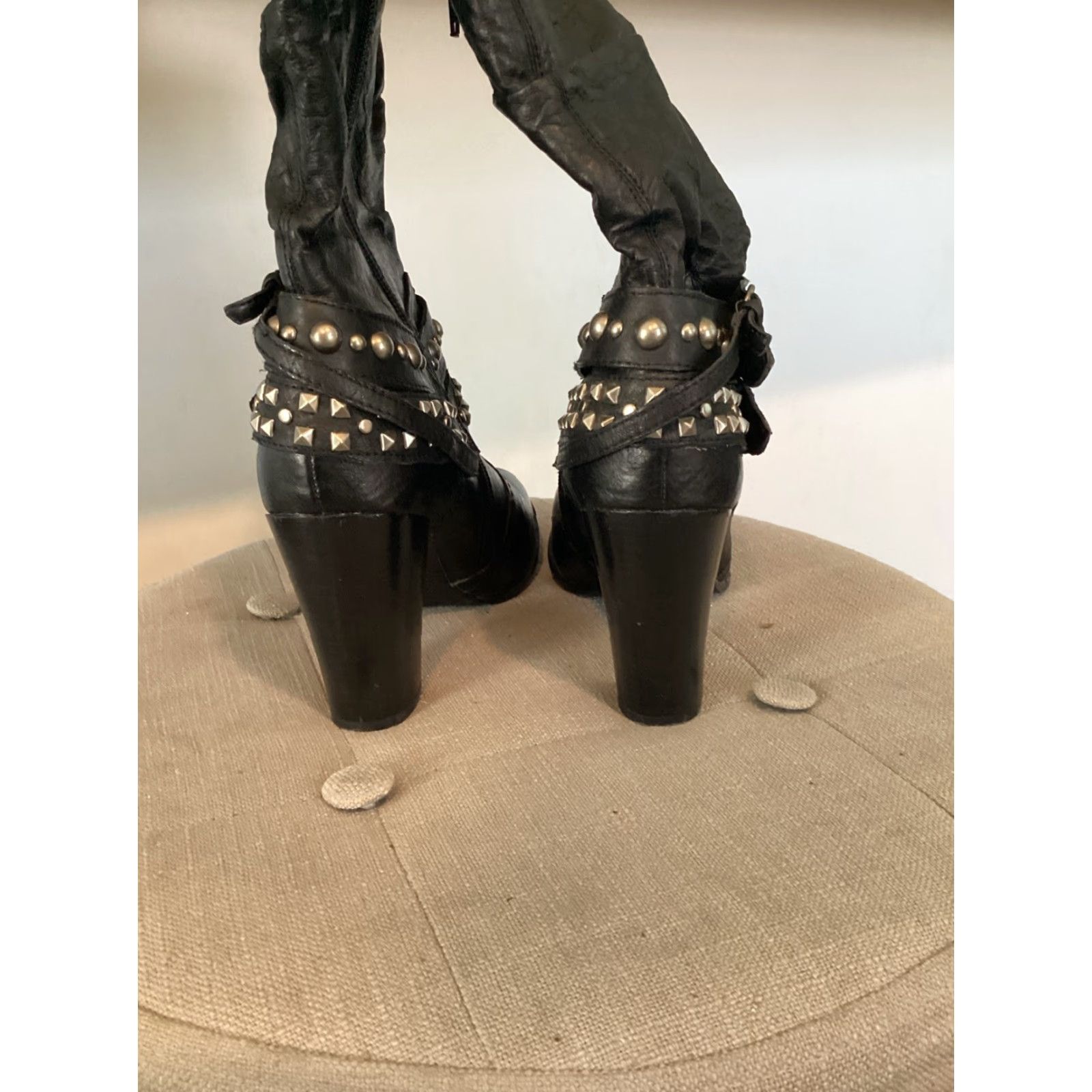 Vintage VINTAGE a.n.a Biker Boots Women Mid-Calf Leather Zipper Black 6.5 High Block Heel Studs Size US 6.5 / IT 36.5 - 6 Thumbnail