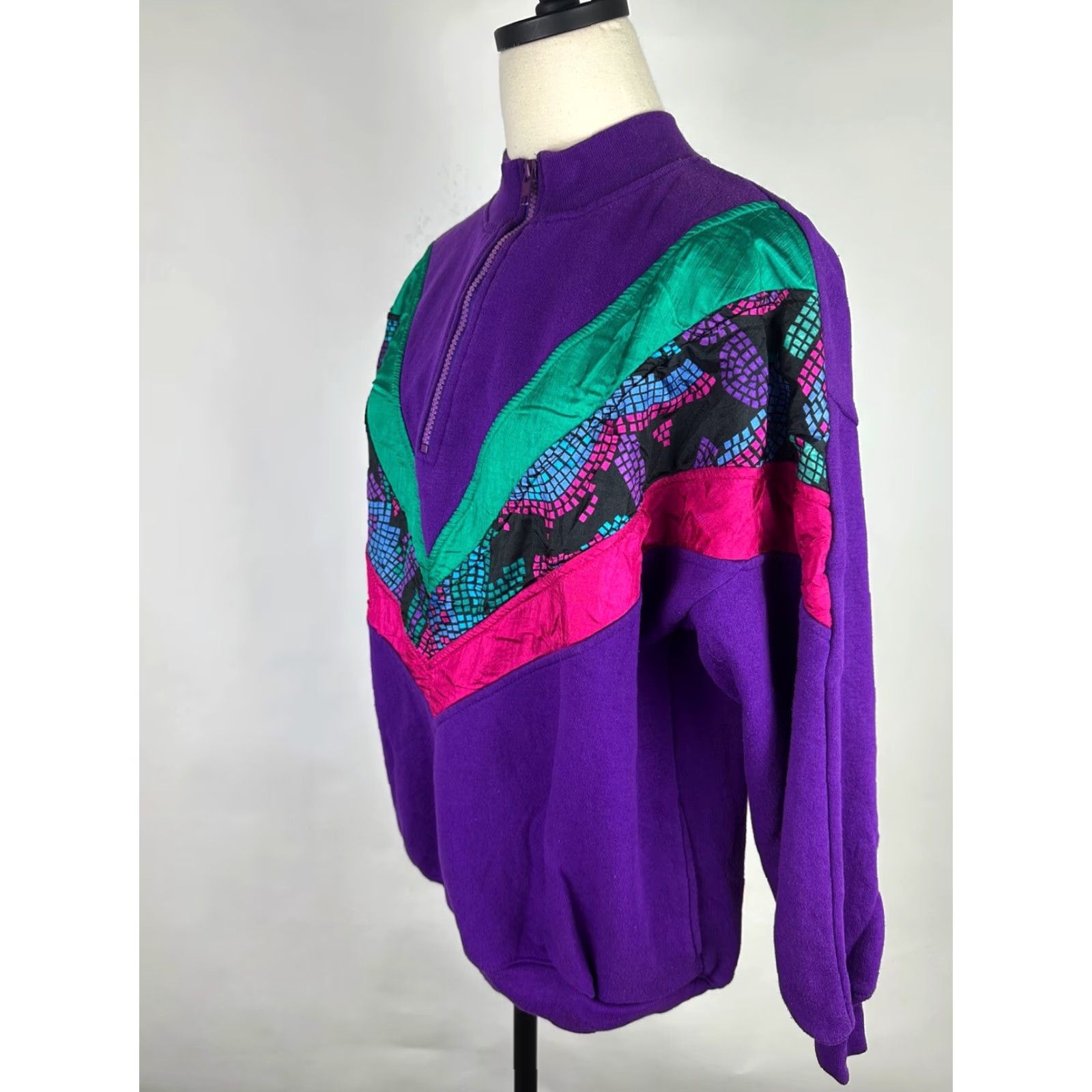 Vintage VINTAGE Active Elements Sweatshirt 80s 90s Geometric Patchwork 1/4 Zip Pullover Purple Women's Large Knit Cotton Blend Casual Womens Size L / US 10 / IT 46 - 5 Thumbnail