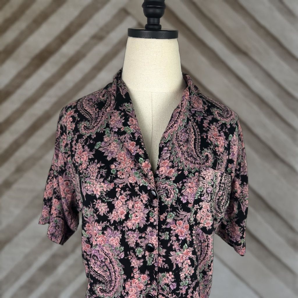 Pinko VINTAGE Maren Blouse Shirt Womens S Pink Black Paisley 90s Bohemian Rayon Short Sleeve Button Size S / US 4 / IT 40 - 1 Thumbnail