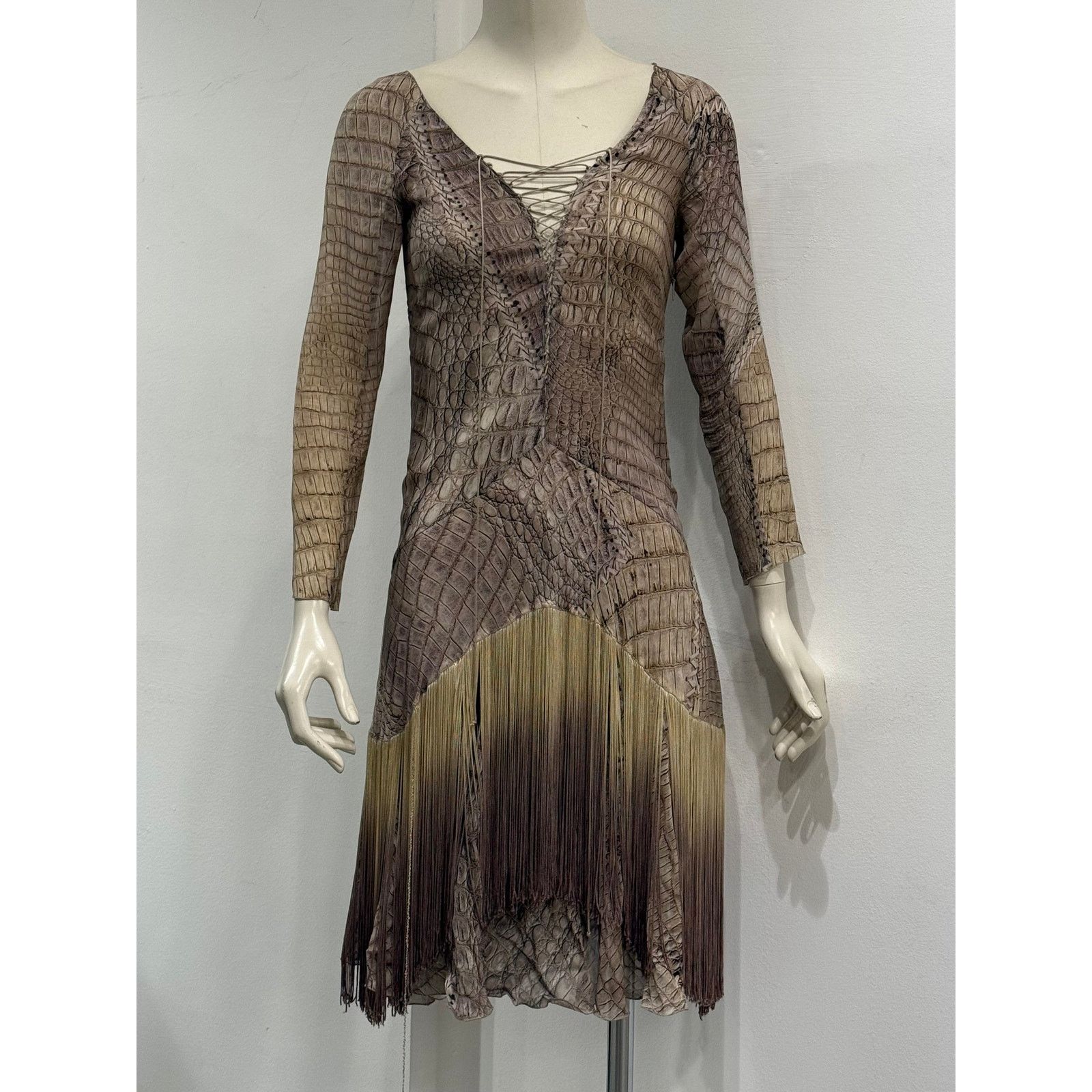 Roberto Cavalli S/S2011 Roberto Cavalli silk crocodile print fringe dress Size S / US 4 / IT 40 - 2 Thumbnail