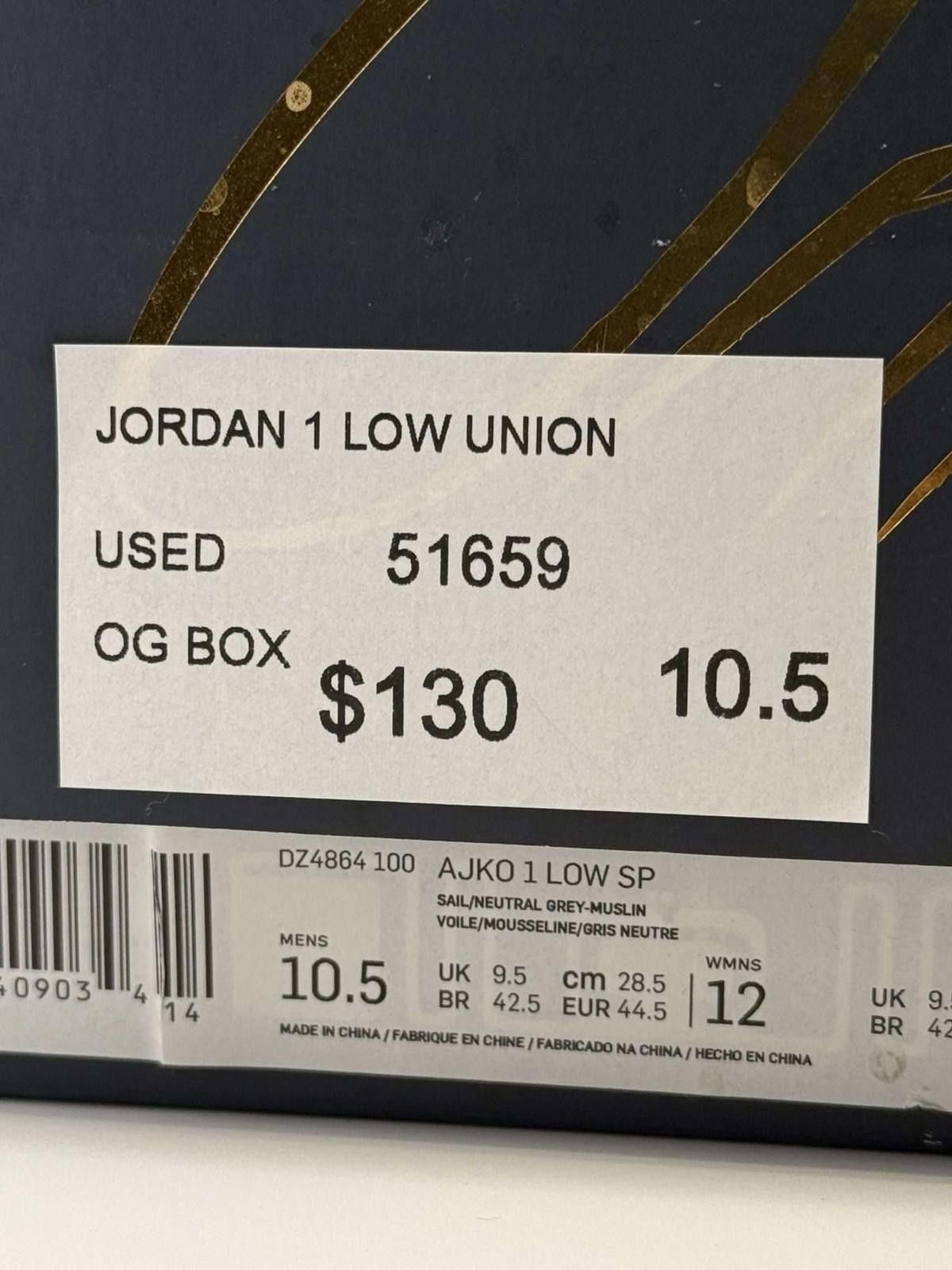 Jordan Brand Jordan 1 Low Union Sail Neutral Grey-Muslin 10.5 Used OG Box Size US 9 / EU 42 - 6 Thumbnail