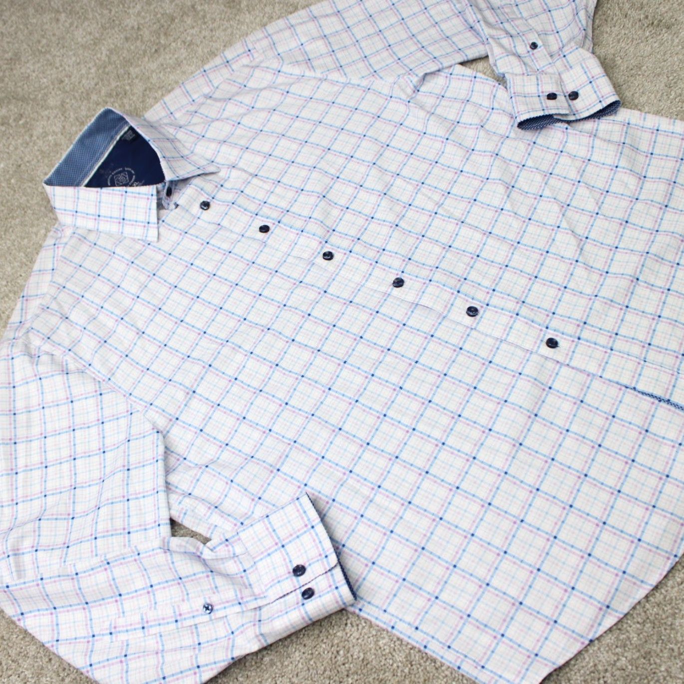 Vintage Construct Shirt Mens XL White/Blue Slim Fit Button-Up Wrinkle Free No Iron L/S Check 90s Casual Formal Workwear Mens Size US XL / EU 56 / 4 - 7 Thumbnail