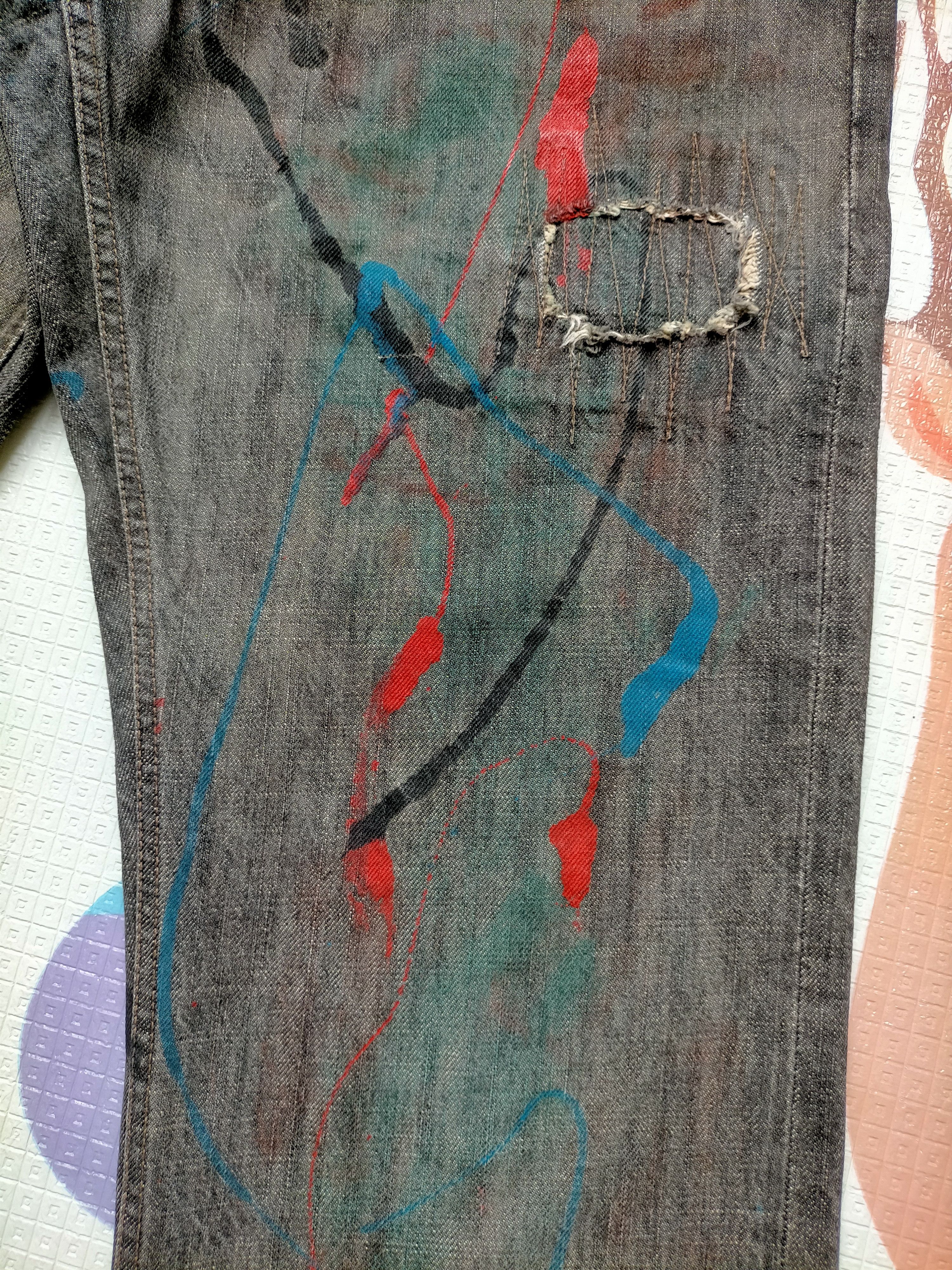 PPFM 🔥Rare ❗PPFM Patchwork Painted Black Button fly jeans Size US 31 - 8 Thumbnail