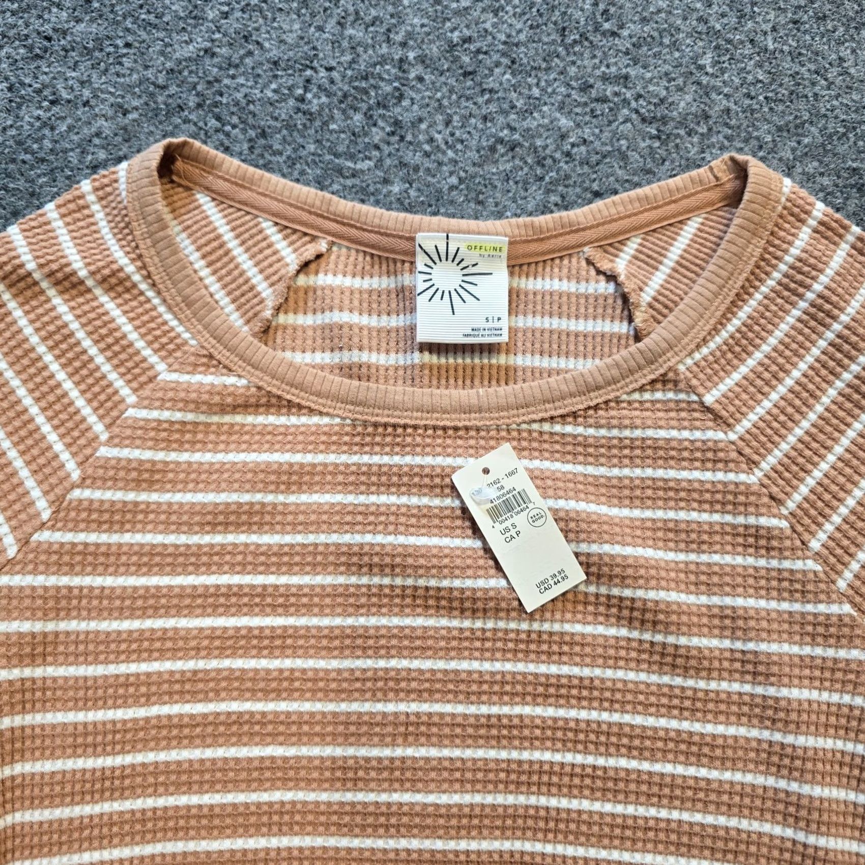 Vintage Aerie Top Womens Small Beige White Striped Thermal Waffle Knit Cropped Casual Shirt Size S / US 4 / IT 40 - 2 Thumbnail