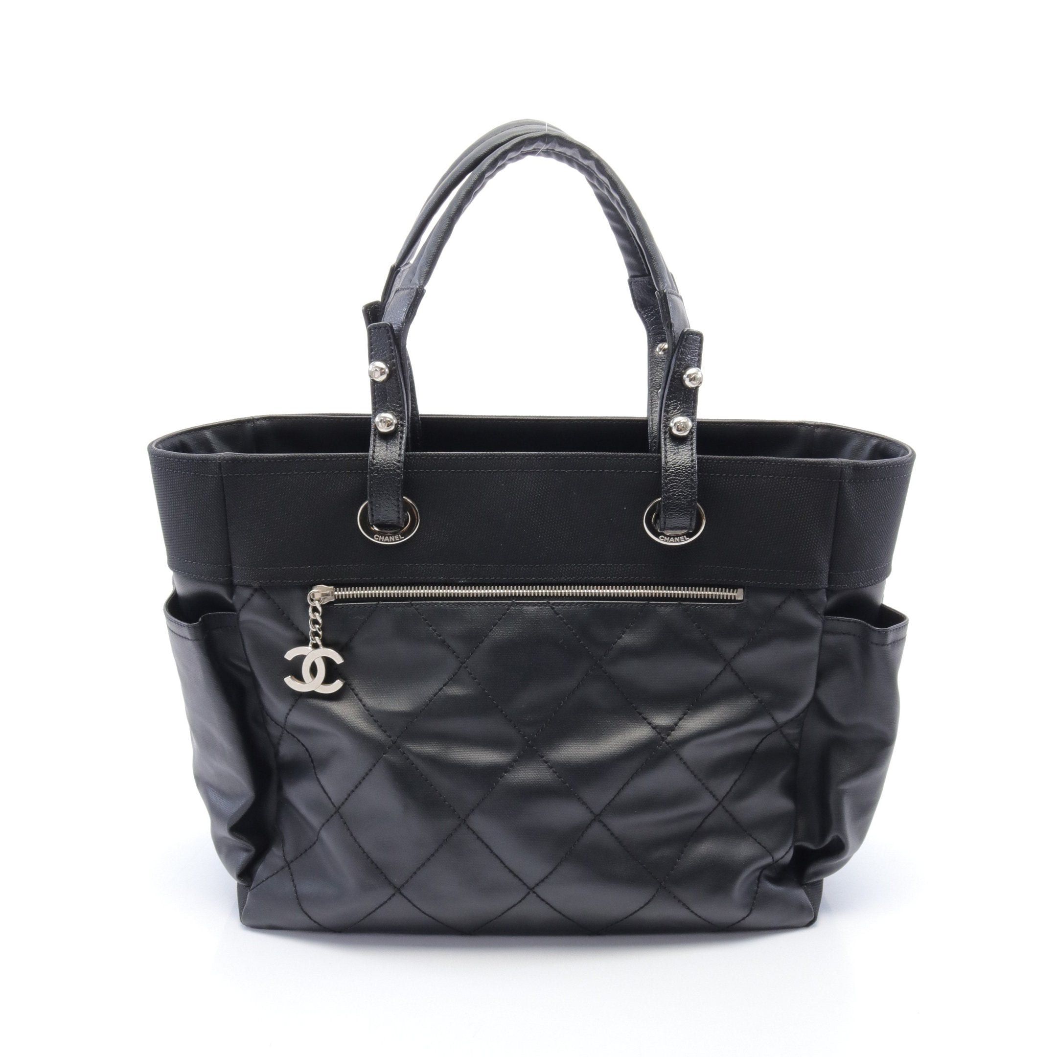 image of Chanel Paris Biarritz Gm Handbag Tote Bag Coated Canvas Leather Black Silver Hardware, Women's