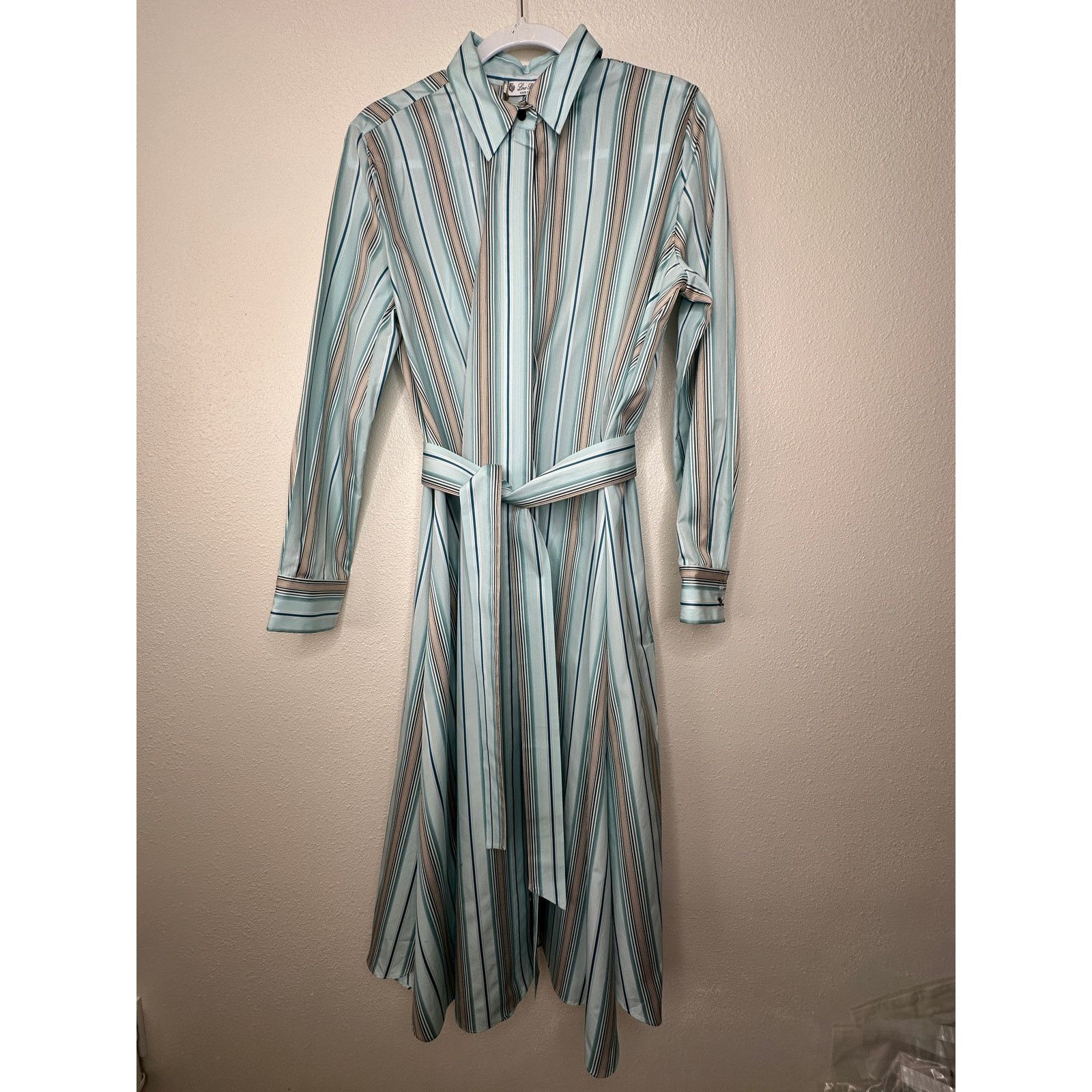 Loro Piana NWT Loro Piana Teal White Stripe Button Tie Sash Wrap Dress Size XL / US 12-14 / IT 48-50 - 2 Thumbnail