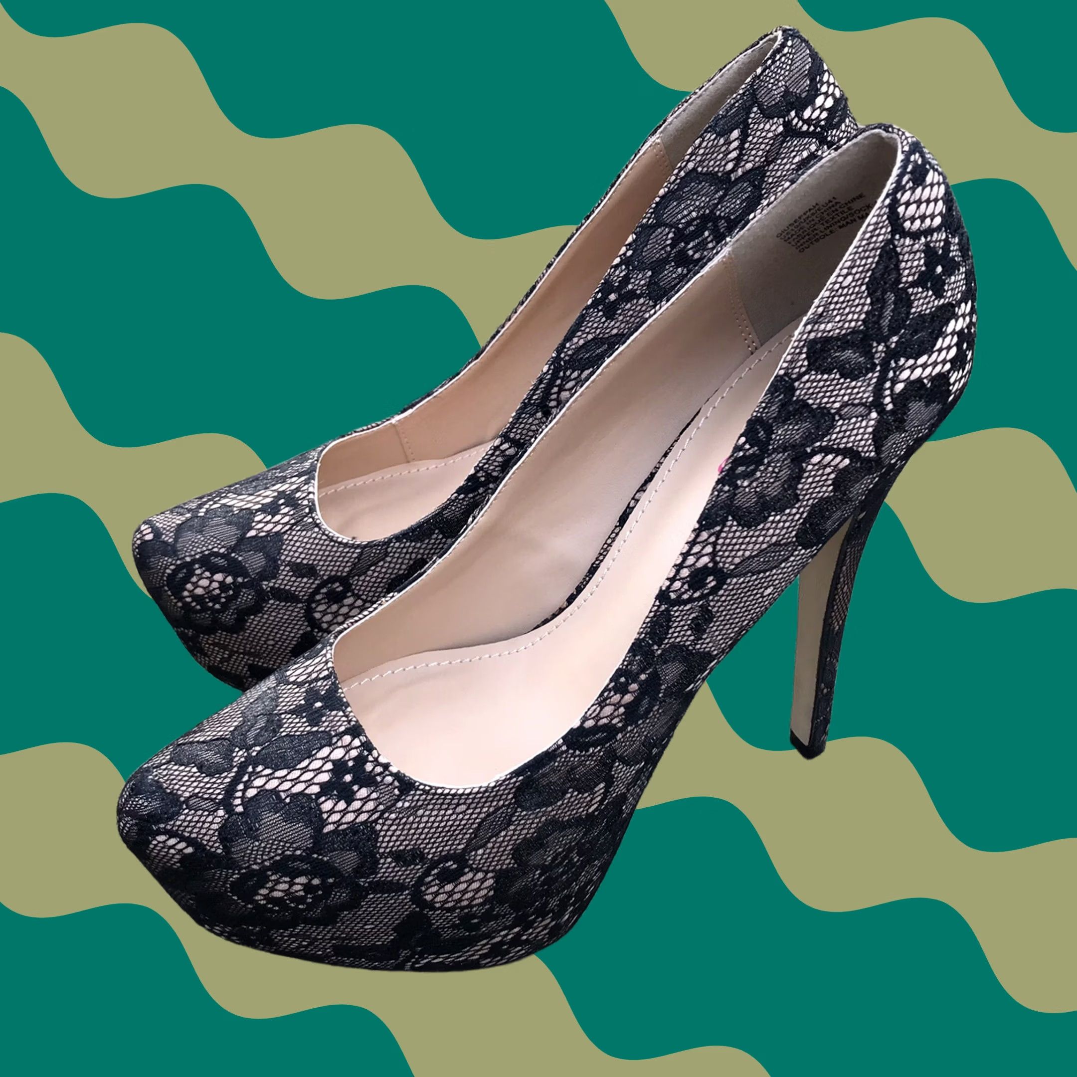 Vintage JustFab Giuseppah Floral Lace High Heel Platform Stiletto Pumps 10 Women Black/Beige Size US 10 / IT 40 - 1 Thumbnail