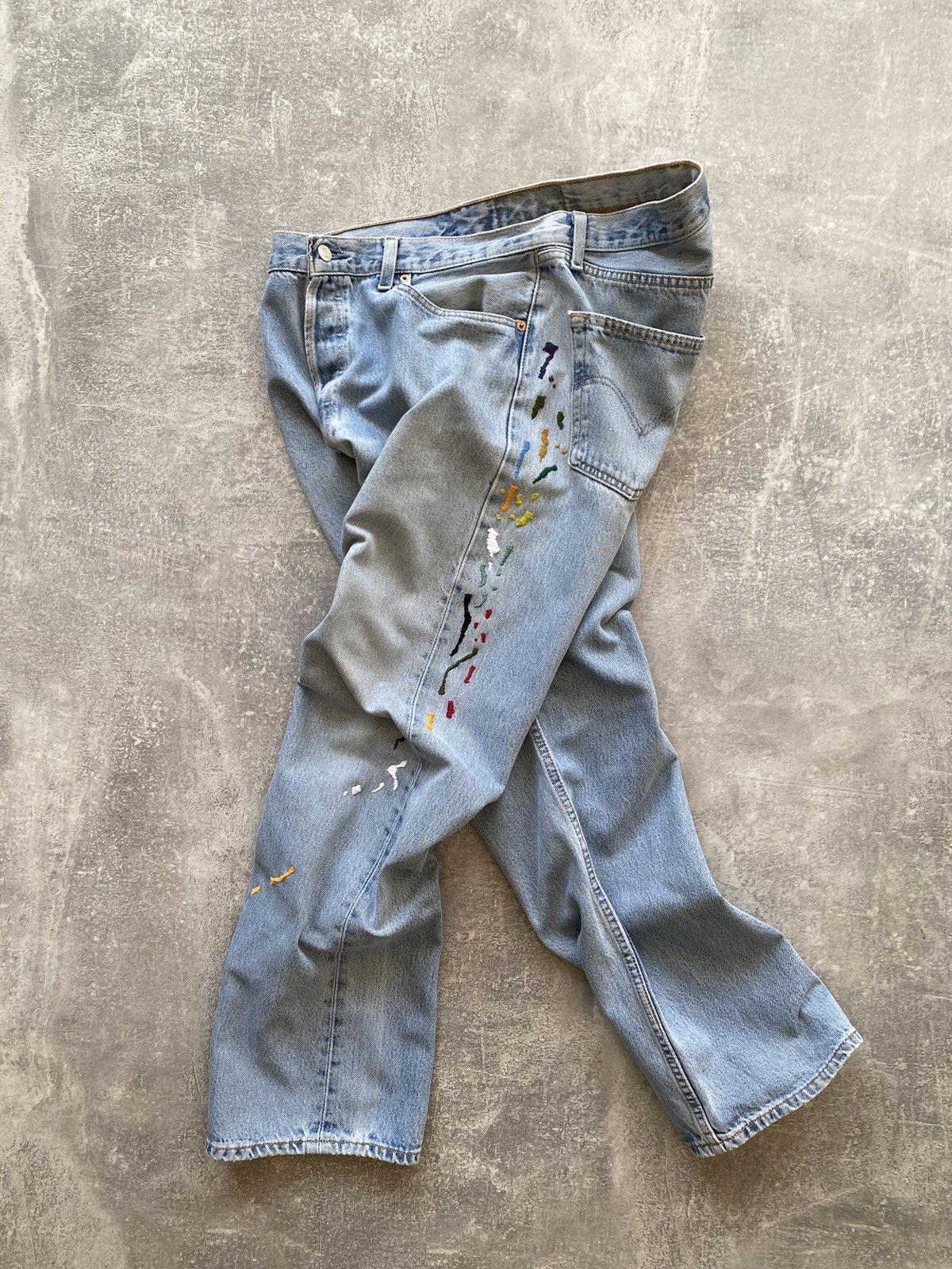 Pre-owned Levi's Vintage  501 Fake Embroidered Stains Distressed Jeans In Blue