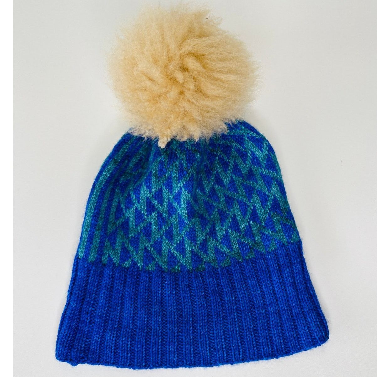 Other Blue Green Triangle Print Knit Beanie Tan Pom Pom OS Size ONE SIZE - 2 Thumbnail