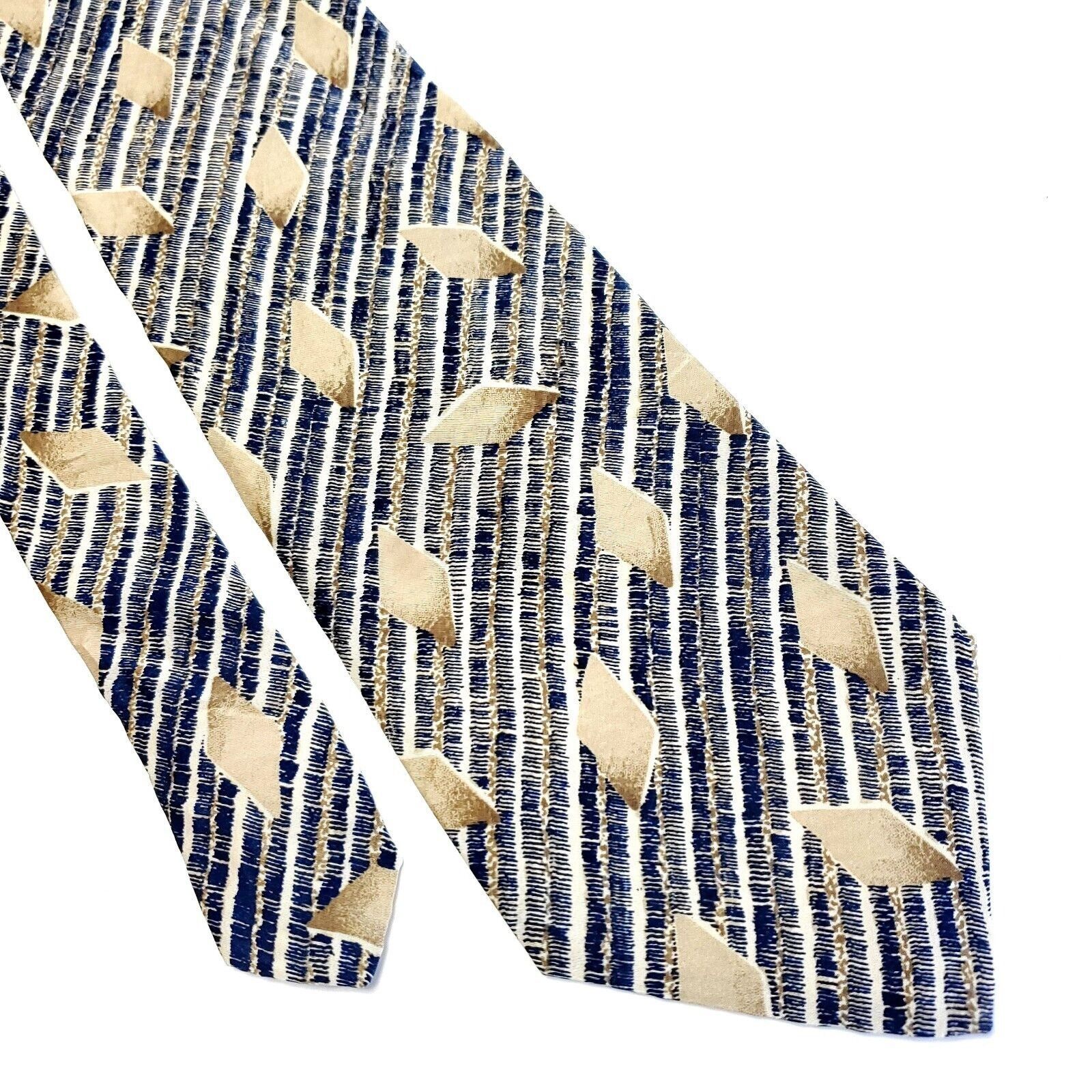 Designer Surrey Blue Tan Striped Abstract Print Short Wide Silk Tie Size ONE SIZE - 1 Thumbnail