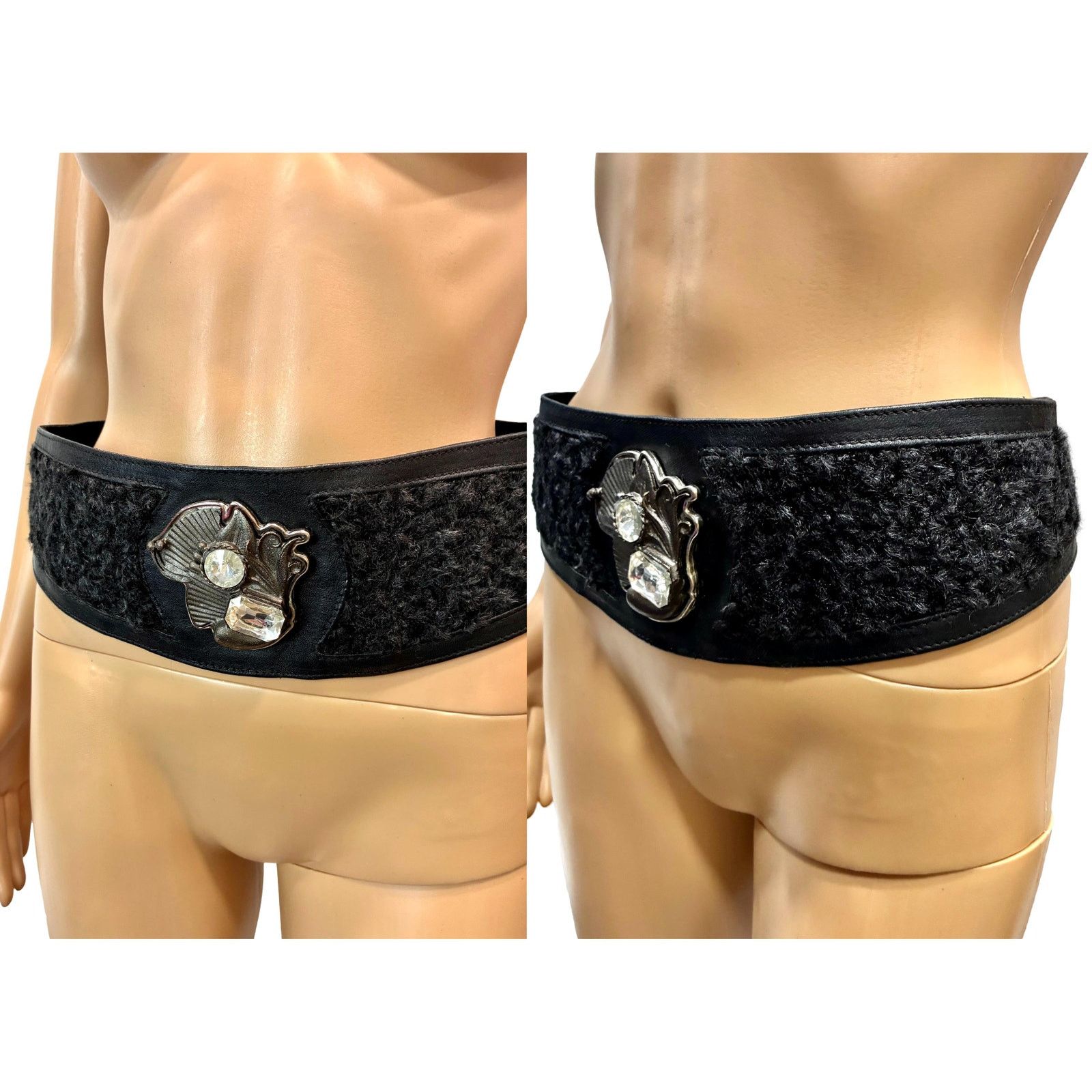 Genuine Leather × Vintage 80s GLAM Black Leather Persian Lamb Wide Waist Belt Size ONE SIZE - 10 Thumbnail