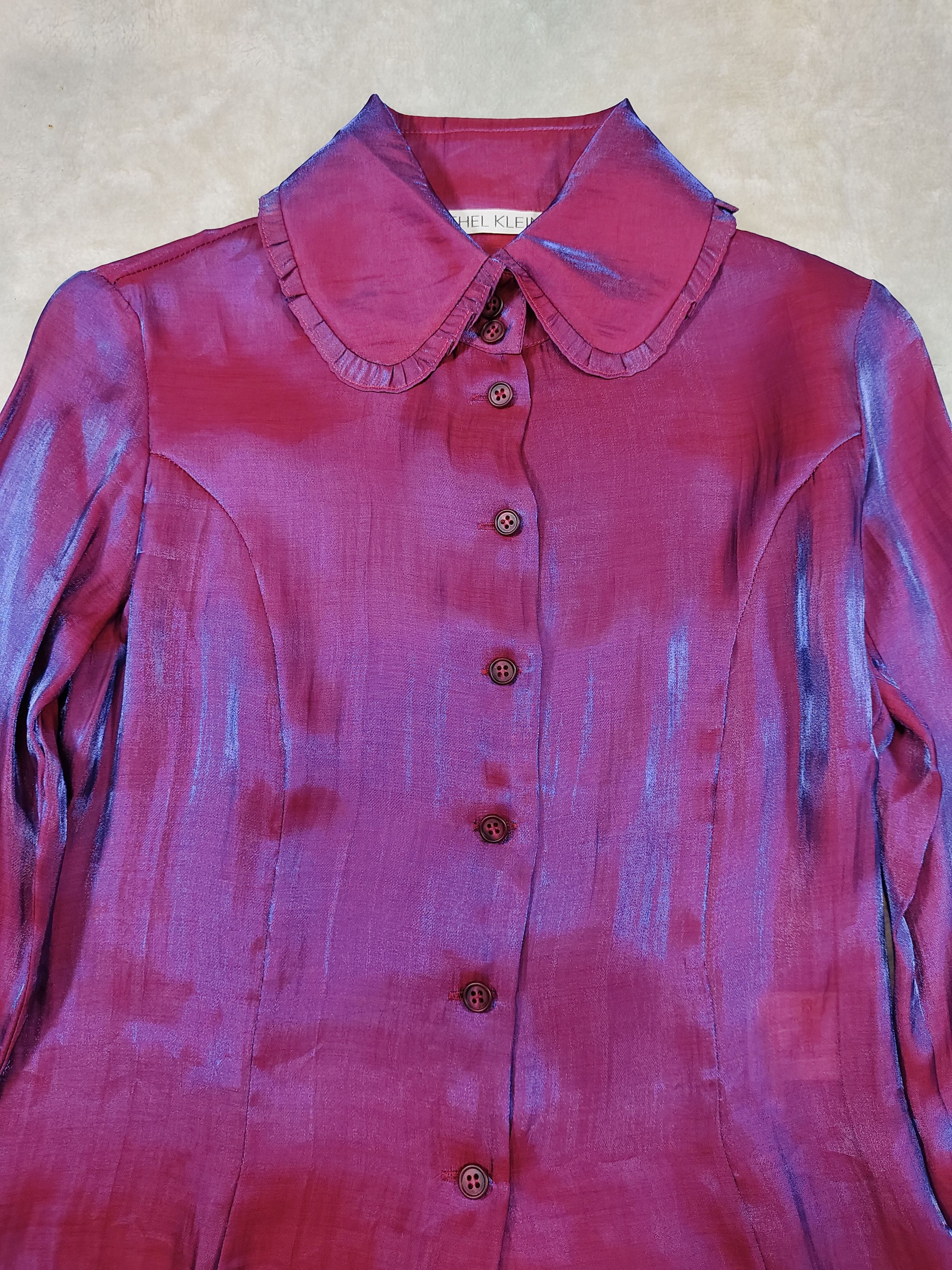 Michel Klein 90s Michel Klein Abstract Iridescent Burgundy Shimmer Blouse Size M / US 6-8 / IT 42-44 - 5 Thumbnail