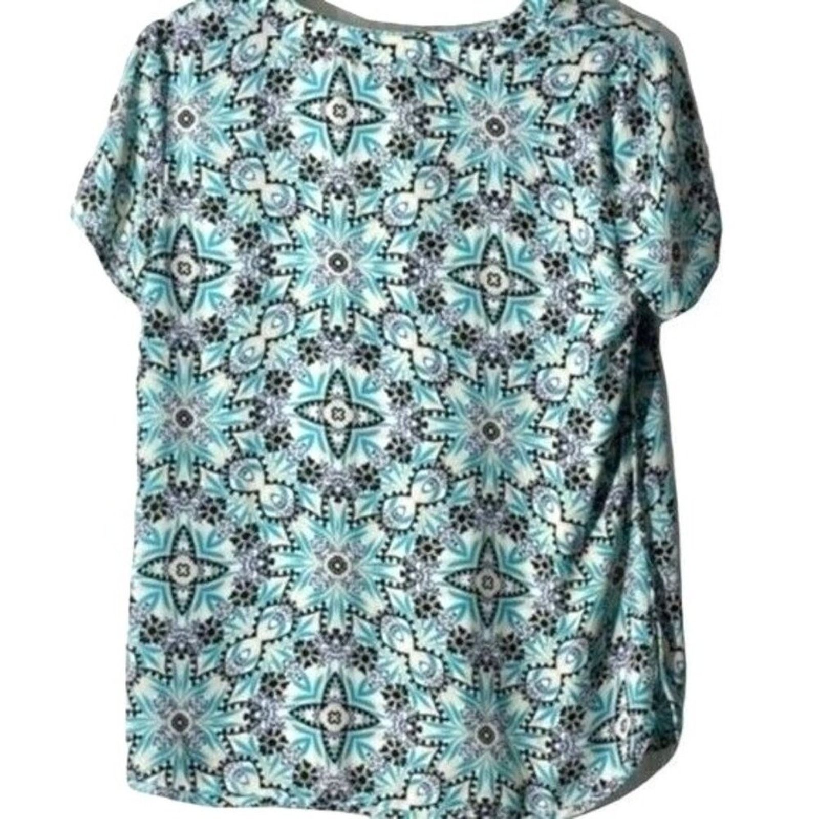 Other Investments Teal White Split Neck Blouse Hi-Low Hem Small Size S / US 4 / IT 40 - 2 Thumbnail