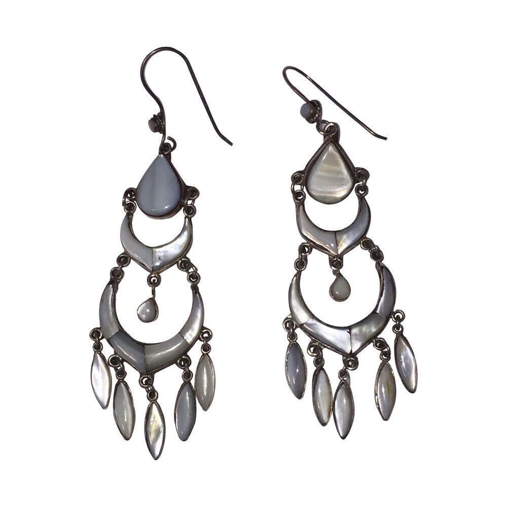 Handmade Silver Chandelier Earrings with Mother of Pearl Shell Inlay Size ONE SIZE - 2 Thumbnail