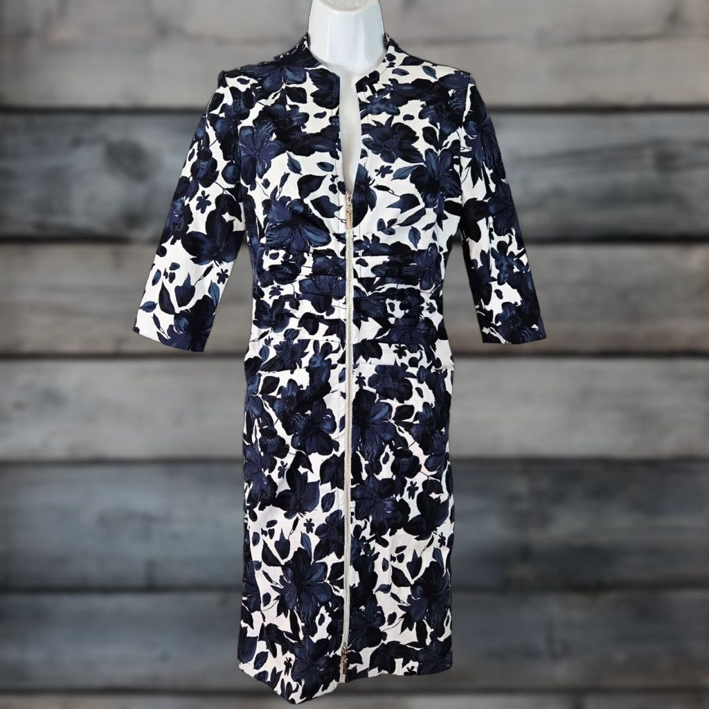 Joseph Ribkoff Joseph Ribkoff Womens Dress 6 Blue White Floral 3/4 Sleeve Zip Front Rayon Knee Length Womens Size M / US 6-8 / IT 42-44 - 1 Thumbnail
