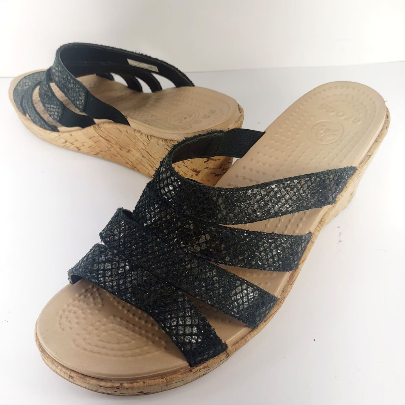 Crocs Crocs A-Leigh Cork Wedge Heel Sandals Black Reptile Upper Slip On Strappy Womens 9M Shoes Size US 9 / IT 39 - 2 Thumbnail