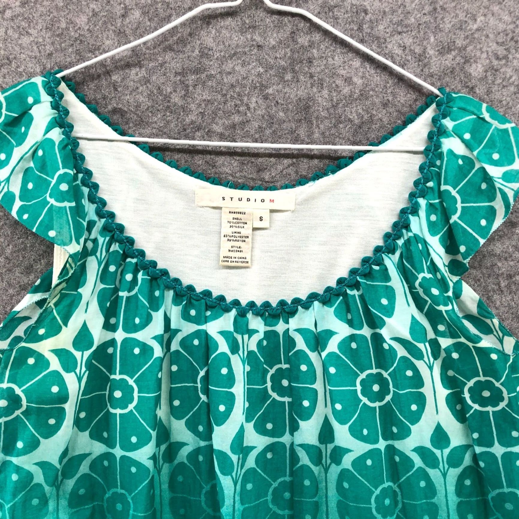 Vintage Studio M Womens Blouse Cotton Silk Floral Scoop Neck Short Sleeve Size S Teal Bohemian Casual Shirt Size S / US 4 / IT 40 - 3 Thumbnail