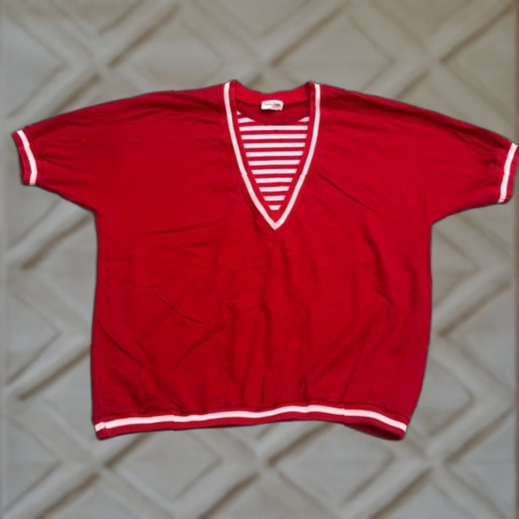 Neiman Marcus VINTAGE Neiman Marcus 80s Red Striped Knit Blouse Womens Large V-Neck Casual Short Sleeve Size L / US 10 / IT 46 - 1 Thumbnail