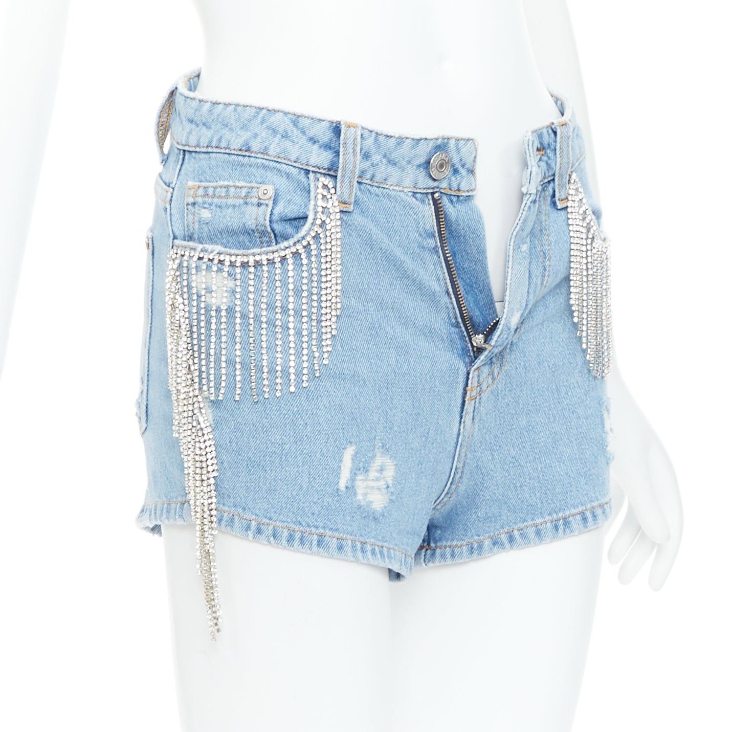 Chiara Ferragni CHIARA FERRAGNI blue crystal fringe distressed denim short shorts XS Size 27" / US 4 / IT 40 - 1 Thumbnail