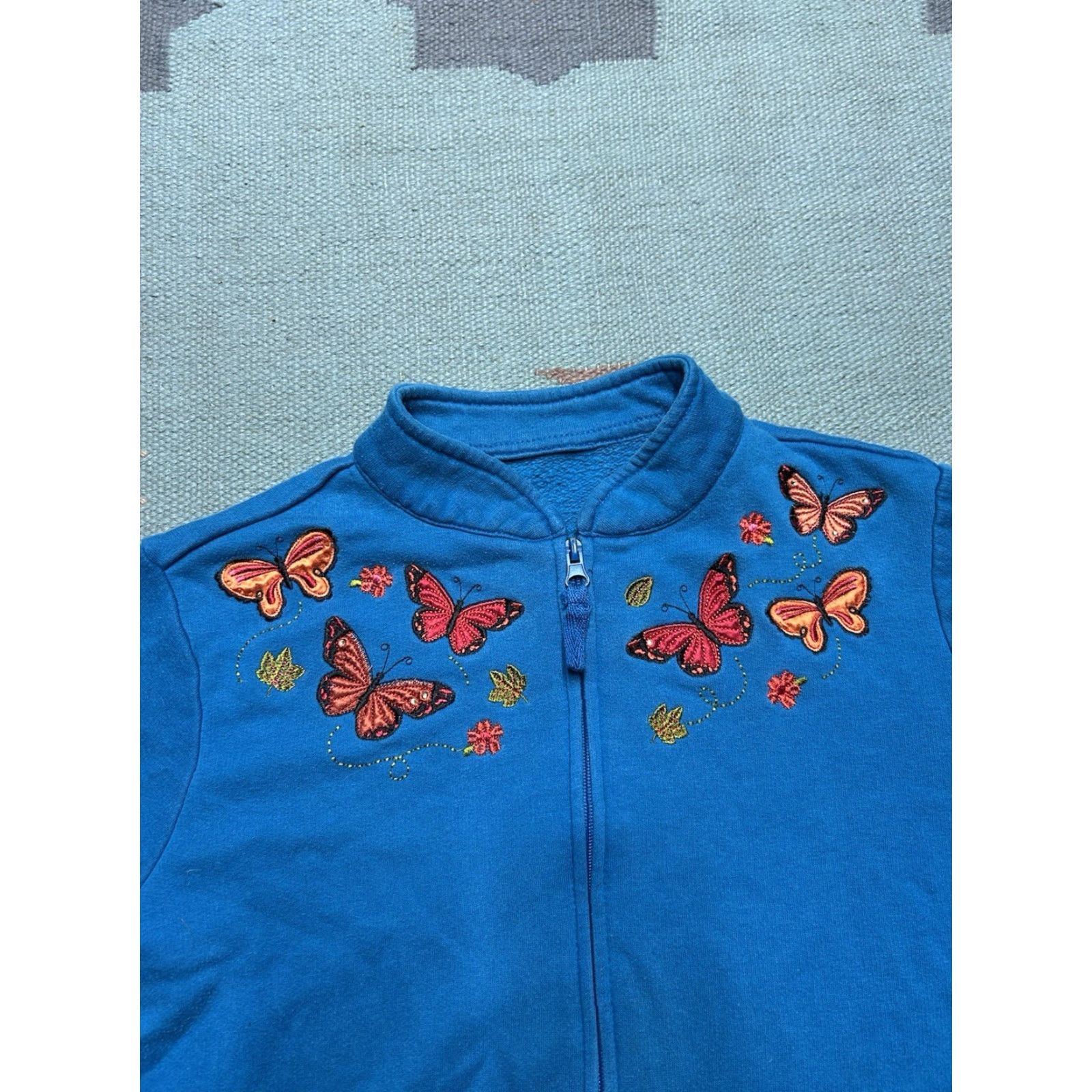 Vintage VINTAGE Animal Sweatshirt Cardigan Women Large Blue Butterfly Flowers Full Zip Woman L Regular Size Size L / US 10 / IT 46 - 3 Thumbnail