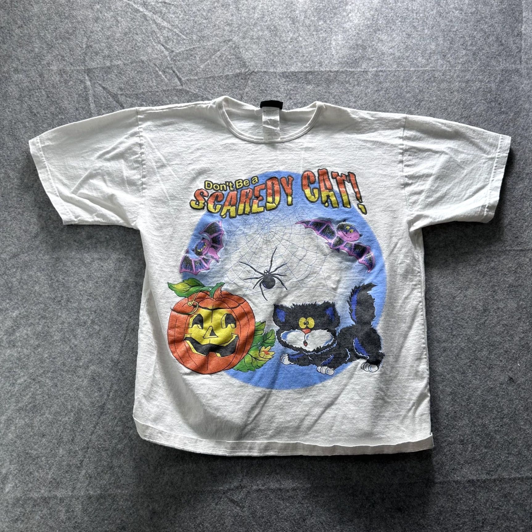 Vintage Dont Be A Scaredy Cat Shirt Mens Large White Halloween Pumpkin Black Cat Tee Size US L / EU 52-54 / 3 - 2 Thumbnail