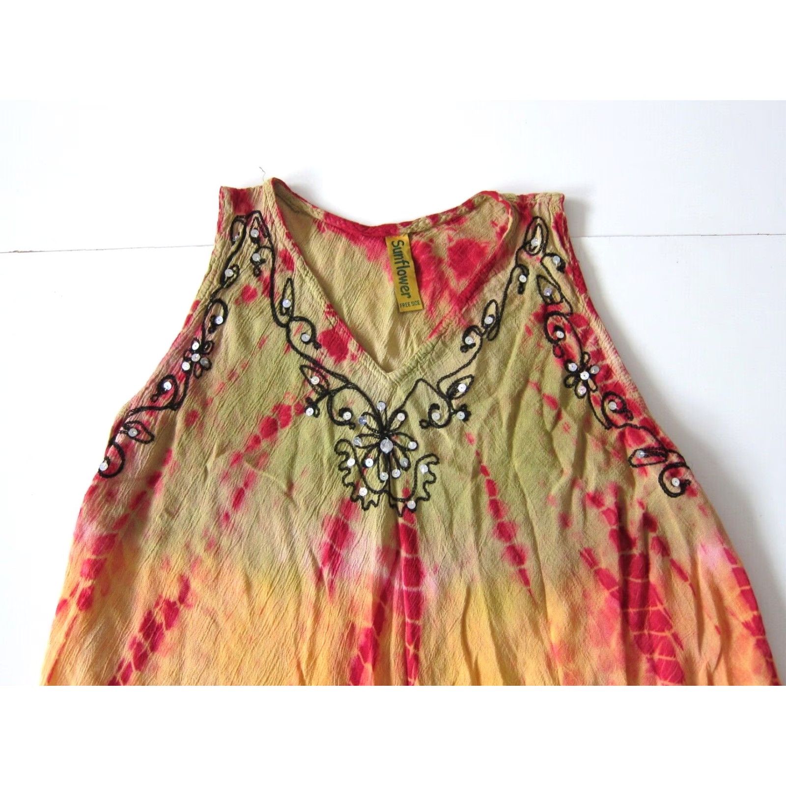 Sunflower VINTAGE Sunflower Tank Dress OS 100% Crinkle Rayon Yellow Pink Embroidered Tie Dye Hippy Dress Womens Size ONE SIZE - 3 Thumbnail