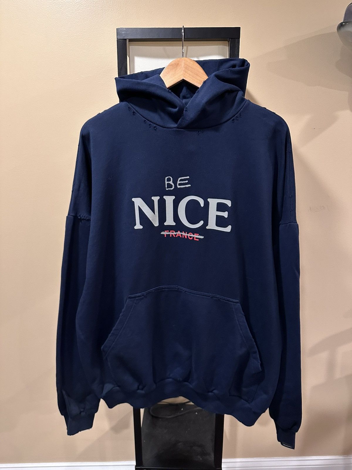 Balenciaga Balenciaga “Be Nice” France Dark Navy 2023 Distressed Hoodie Size US XL / EU 56 / 4 - 16 Thumbnail