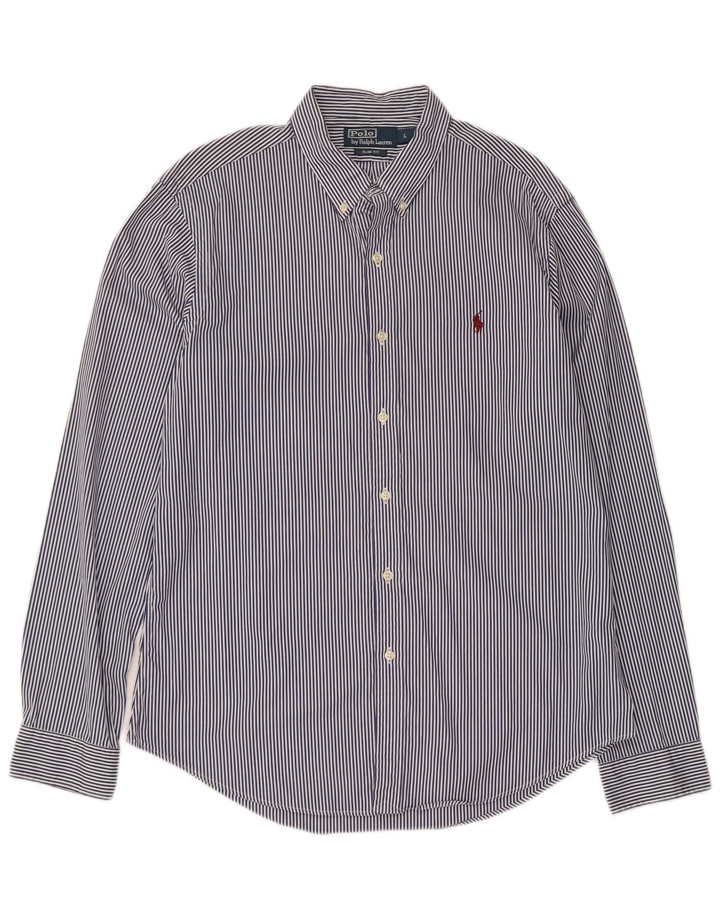 Polo Ralph Lauren Mens Slim Fit Shirt Large Navy Blue Pinstripe Cotton Size US L / EU 52-54 / 3 - 1 Thumbnail