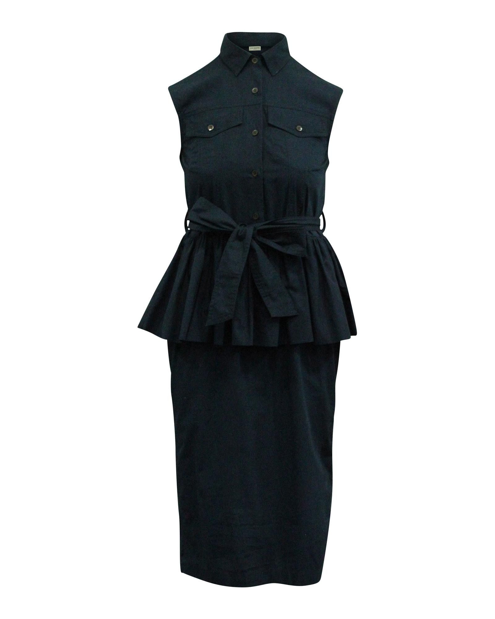 image of Dries Van Noten Navy Blue Cotton Peplum Dress With Button Front And Tie Waist Belt in Blue/Navy Blu