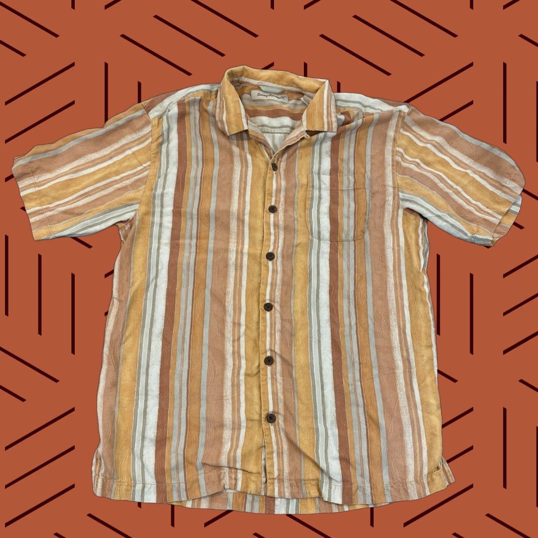 Tommy Bahama TOMMY BAHAMA Shirt Mens L Orange Striped Floral 100% Silk Hawaiian Button Up Size US L / EU 52-54 / 3 - 1 Thumbnail