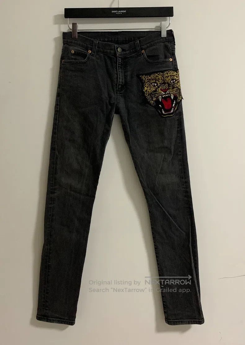 Guicci Grey Tiger Head Embroidered Denim Pants
