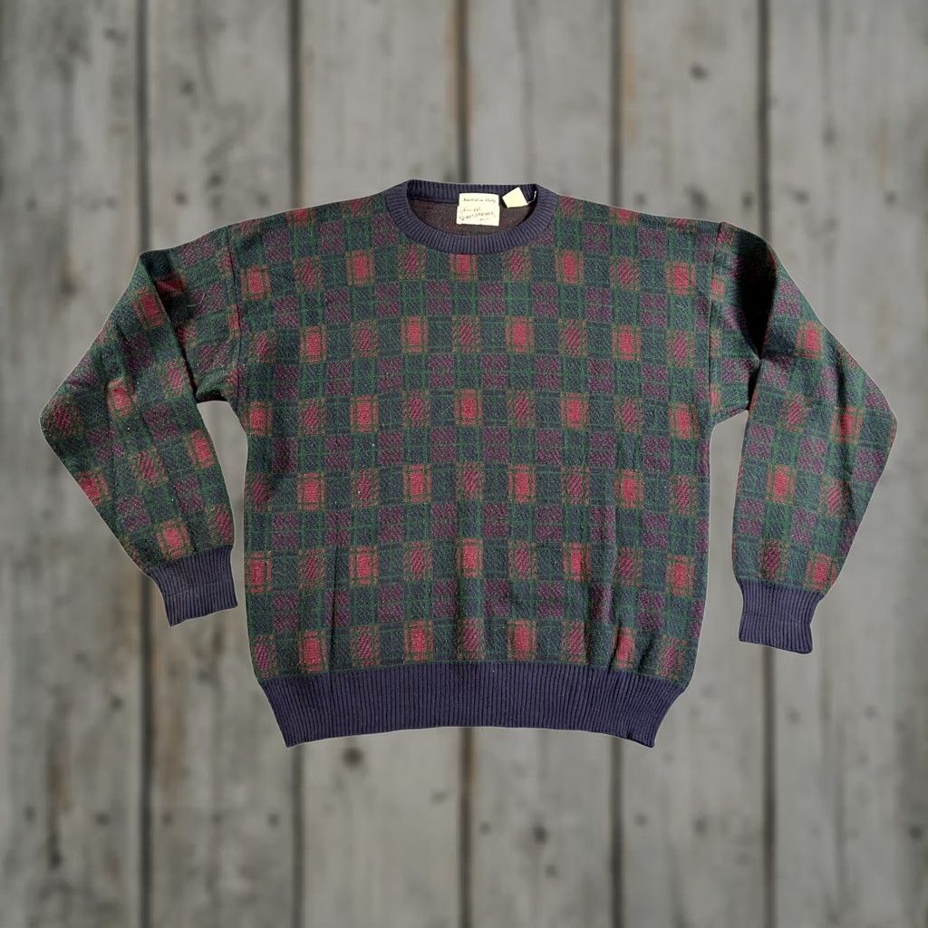 Sears VINTAGE Sears Roebuck Sweater Men Large Green Burgundy Plaid Wool Made in Italy Size US L / EU 52-54 / 3 - 1 Thumbnail