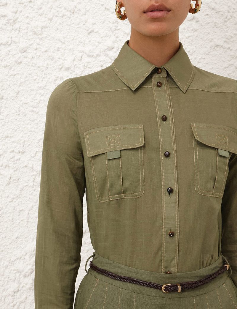 Zimmermann oc11z0126 Wylie Body Shirt in Olive Green Size L / US 10 / IT 46 - 5 Thumbnail