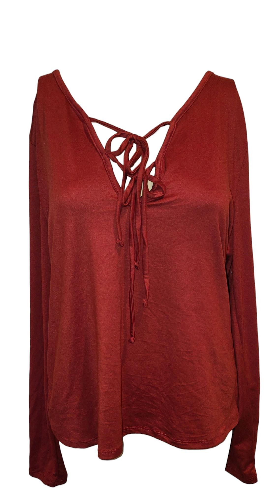 Forever 21 Chic Red Long Sleeve Lace-Up Top Size XXL / US 16-18 / IT 52-54 - 1 Thumbnail