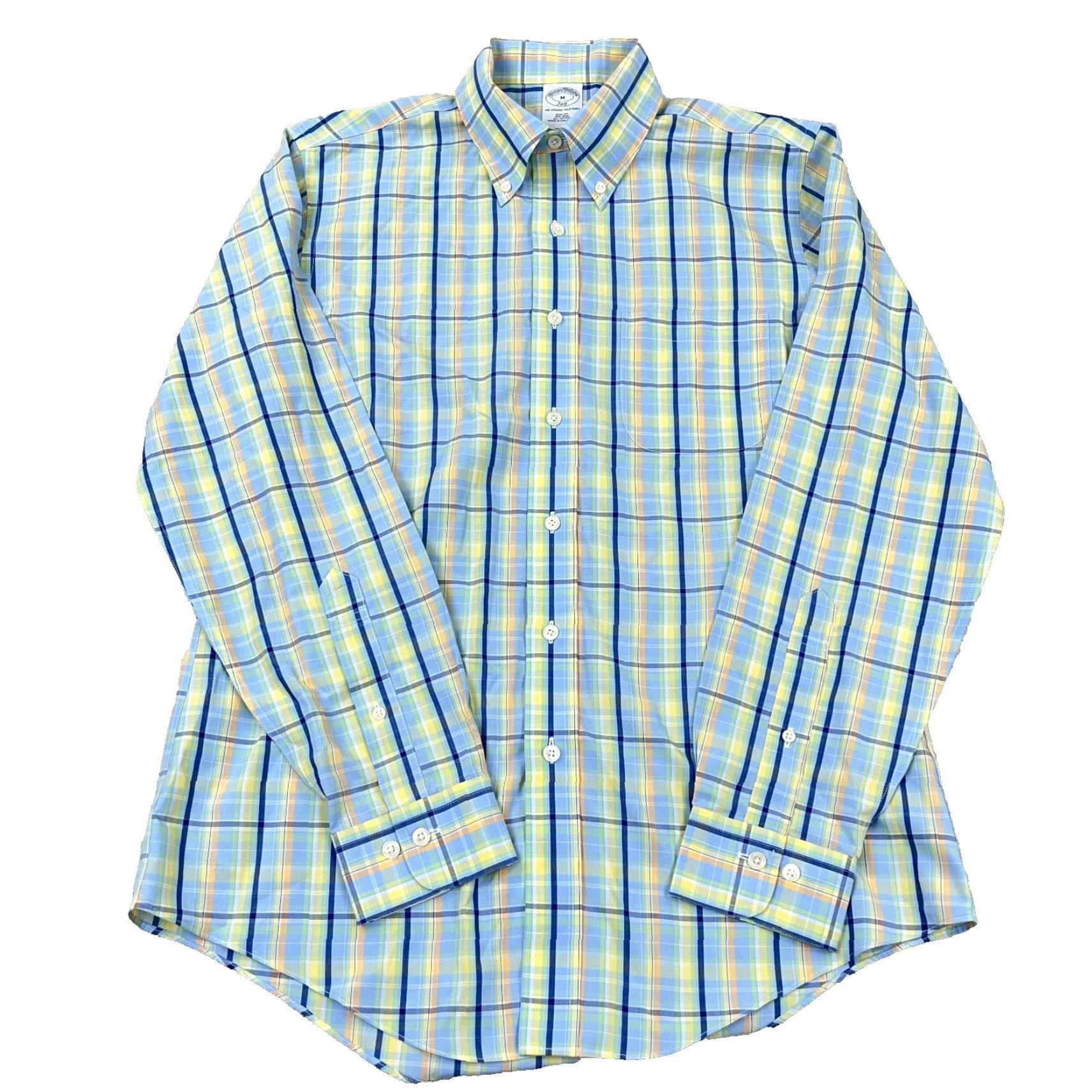 Brooks Brothers VINTAGE Brooks Brothers Shirt Men Medium Yellow Blue Plaid Button Up Slim Fit 346 Dress Size 40R - 2 Thumbnail