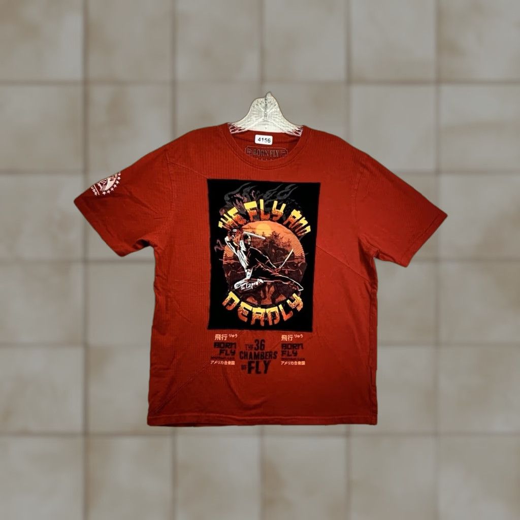 Born VINTAGE Born Fly New York Streetwear T-Shirt M Red Graphic Print Ninja Stars 90s Mens Size US M / EU 48-50 / 2 - 1 Thumbnail