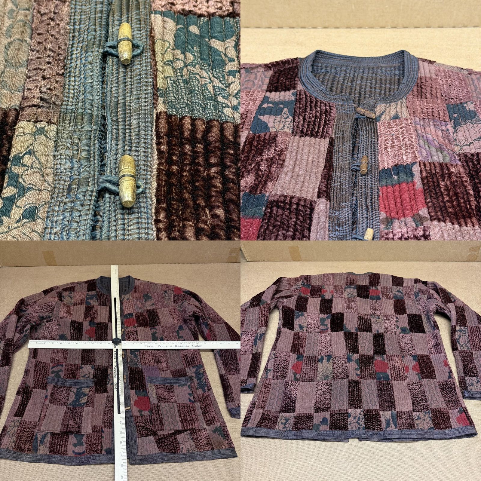 Velvet VINTAGE Jacket Womens Large Purple Quilted Velvet Patchwork Bohemian Toggle Pockets Size L / US 10 / IT 46 - 8 Thumbnail